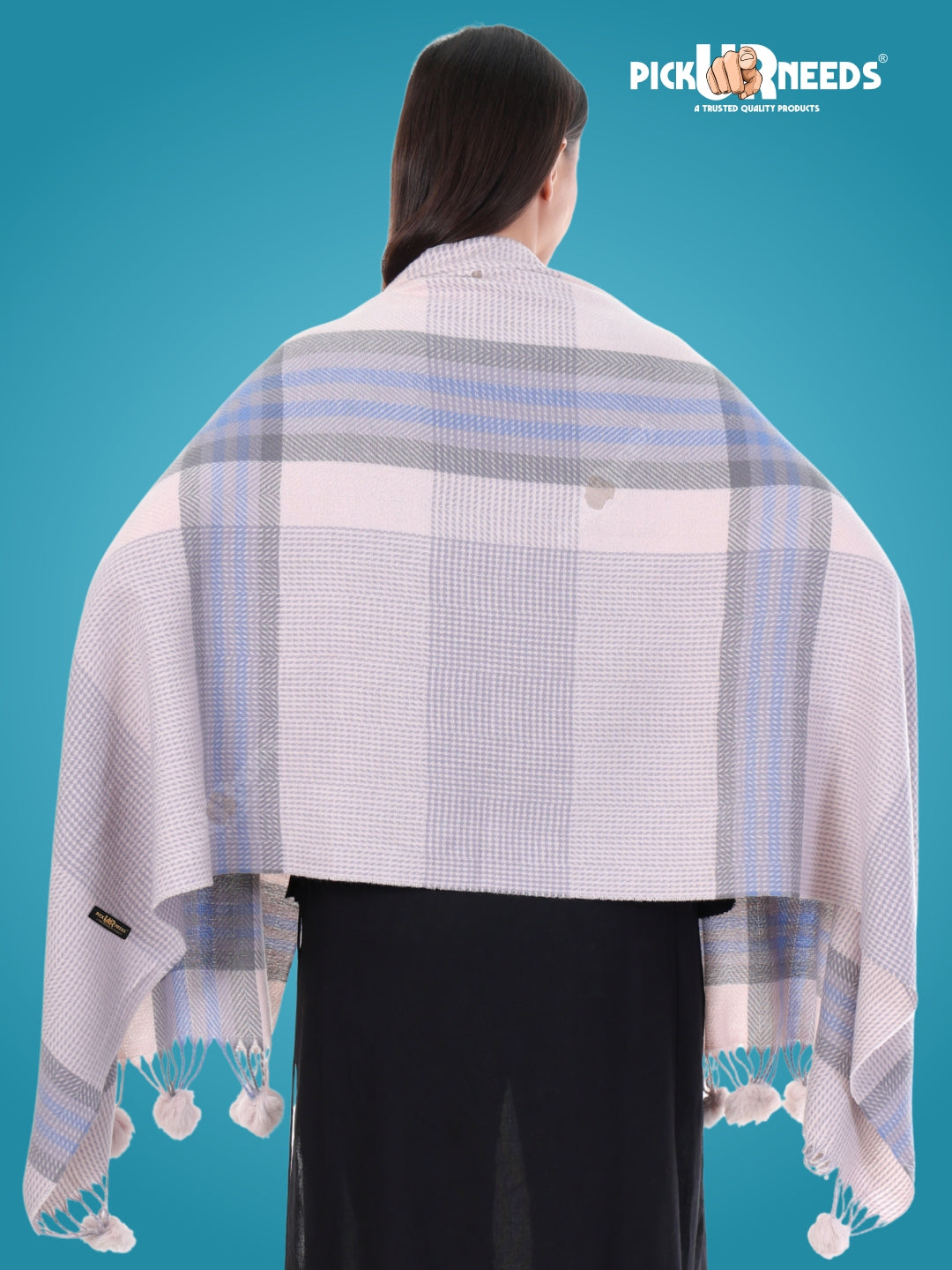 Pick Ur Needs Women's Soft Plaid Shawl Wrap Scarf with Pom Poms Warm Blanket Stole Fashionable Winter Gift for Ladies