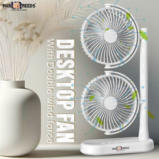 Pick Ur Needs Rechargeable Desk Table Fan Electric Dual Head with Powerful Airflow for Office 4000mAh Battery 3 Speed Mode