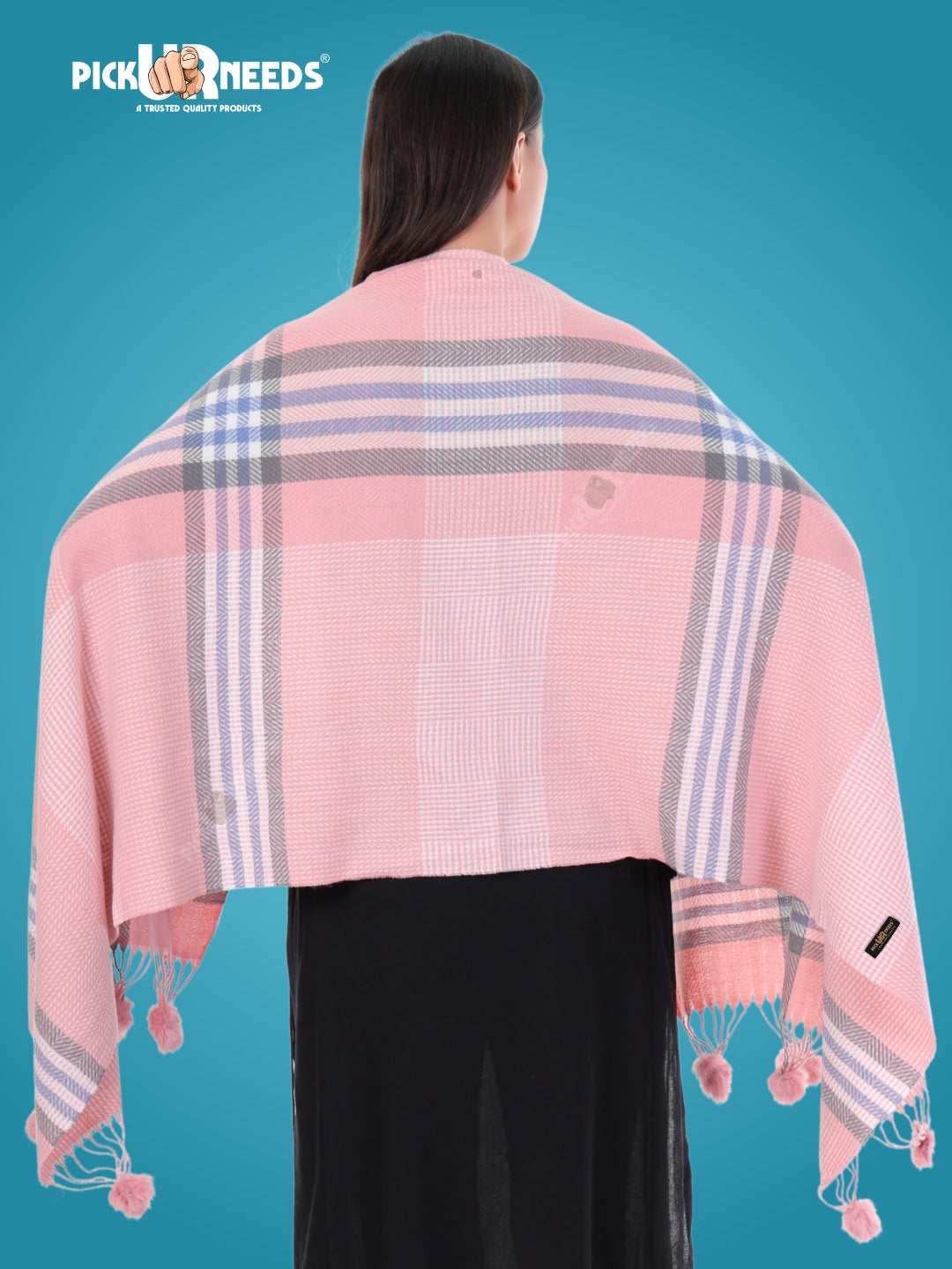 Pick Ur Needs Women's Soft Plaid Shawl Wrap Scarf with Pom Poms Warm Blanket Stole Fashionable Winter Gift for Ladies