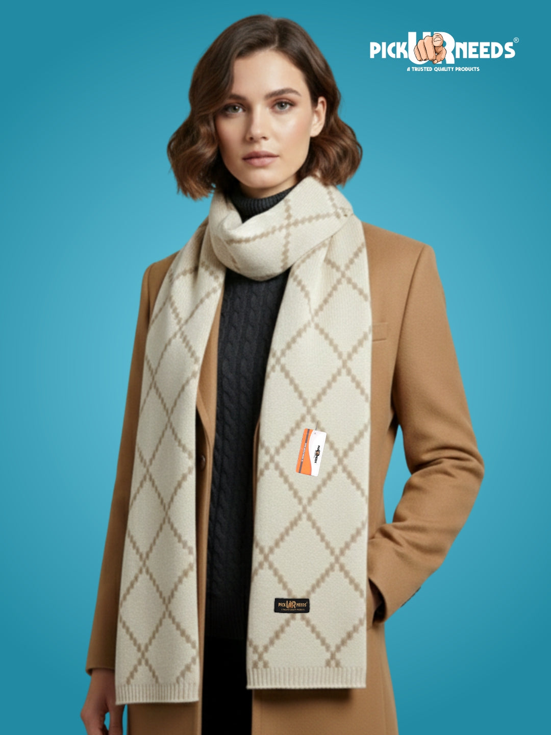 Pick Ur Needs Premium Winter Woolen Scarf for Women Designer Checkered Warm Muffler Soft, Stylish & Cozy Cold Weather Wrap