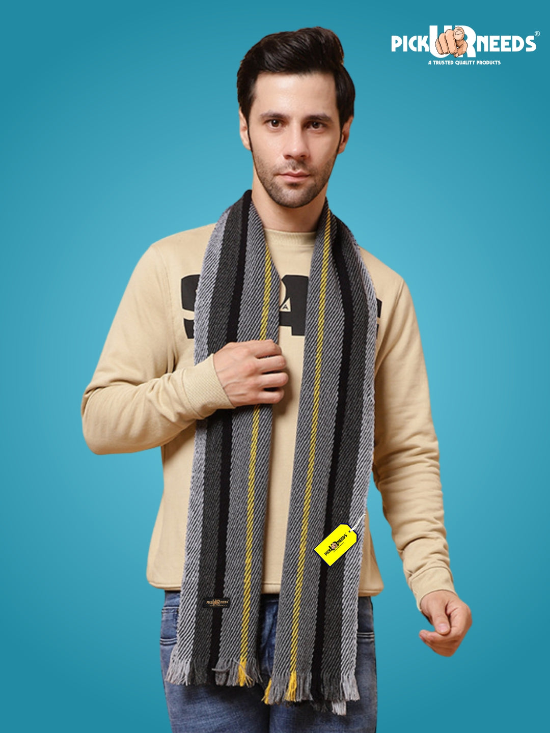 Pick Ur Needs Premium Men's Warm And Stylish Woolen Muffler With Multicolour Stripes And Stylish Tussles Ends