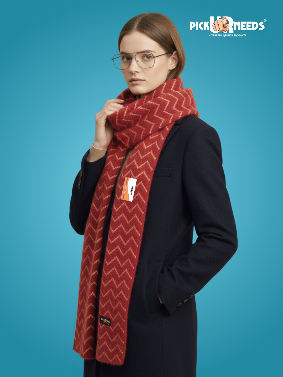 Pick Ur Needs Premium Woolen Winter Muffler with Gold Zigzag Pattern | Soft, Warm & Stylish Scarf for Women