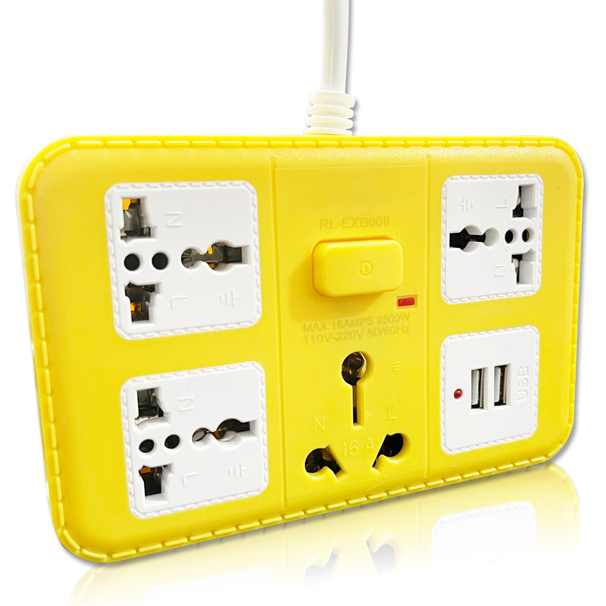Pick Ur Needs  220 volts Extension Cord with 2 USB Charging Ports and 3 Socket + 1 Master Switch - 16 AMP Heavy Duty for Multiple