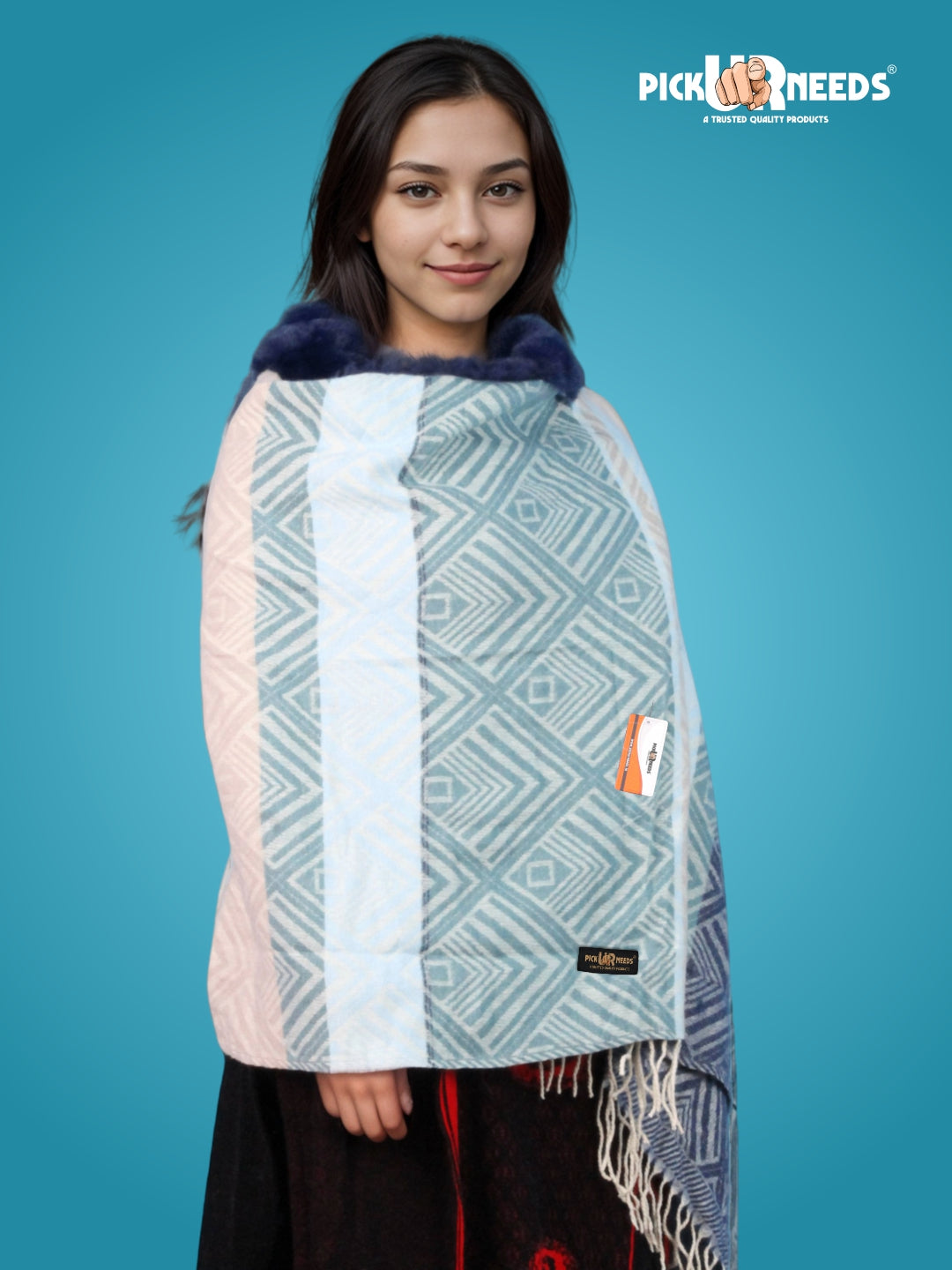 Pick Ur Needs Women's Winter Geometric Printed Faux Fur Border Shawl with Tassels  Soft Warm Wrap Stole for Casual, Party & Travel