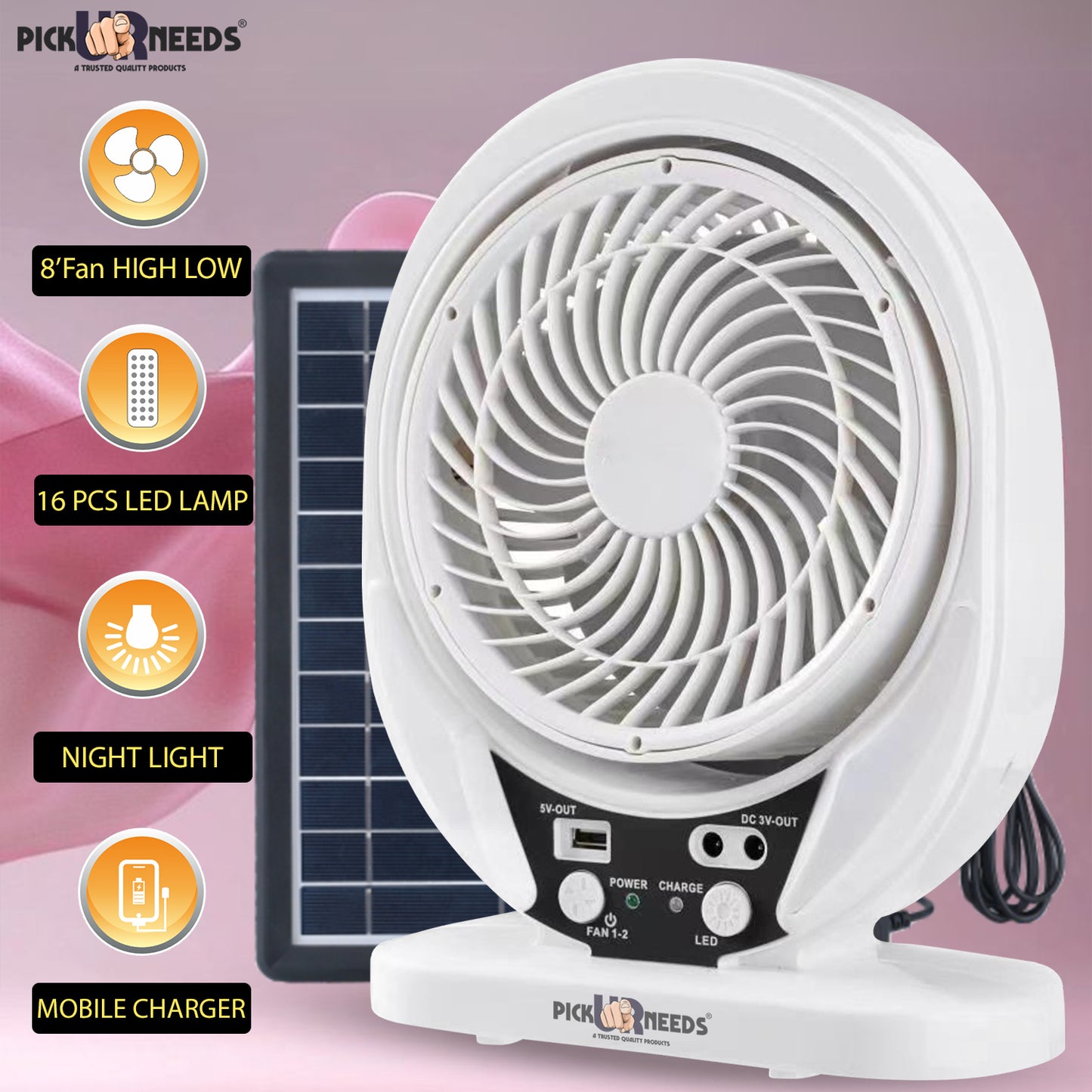 Pick Ur Needs Portable Solar Rechargeble Mini Desk Fan with 2 LED Light Bulb & Solar Panel 4500mAh Battery
