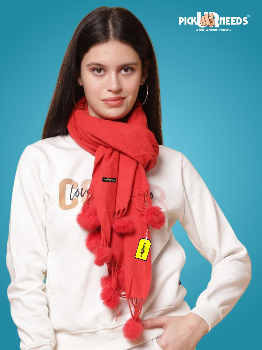 Pick Ur Needs Premium Women’s Wool Blend Scarf Soft Woolen Shawl Winter Stole with Tassels & Pom Poms