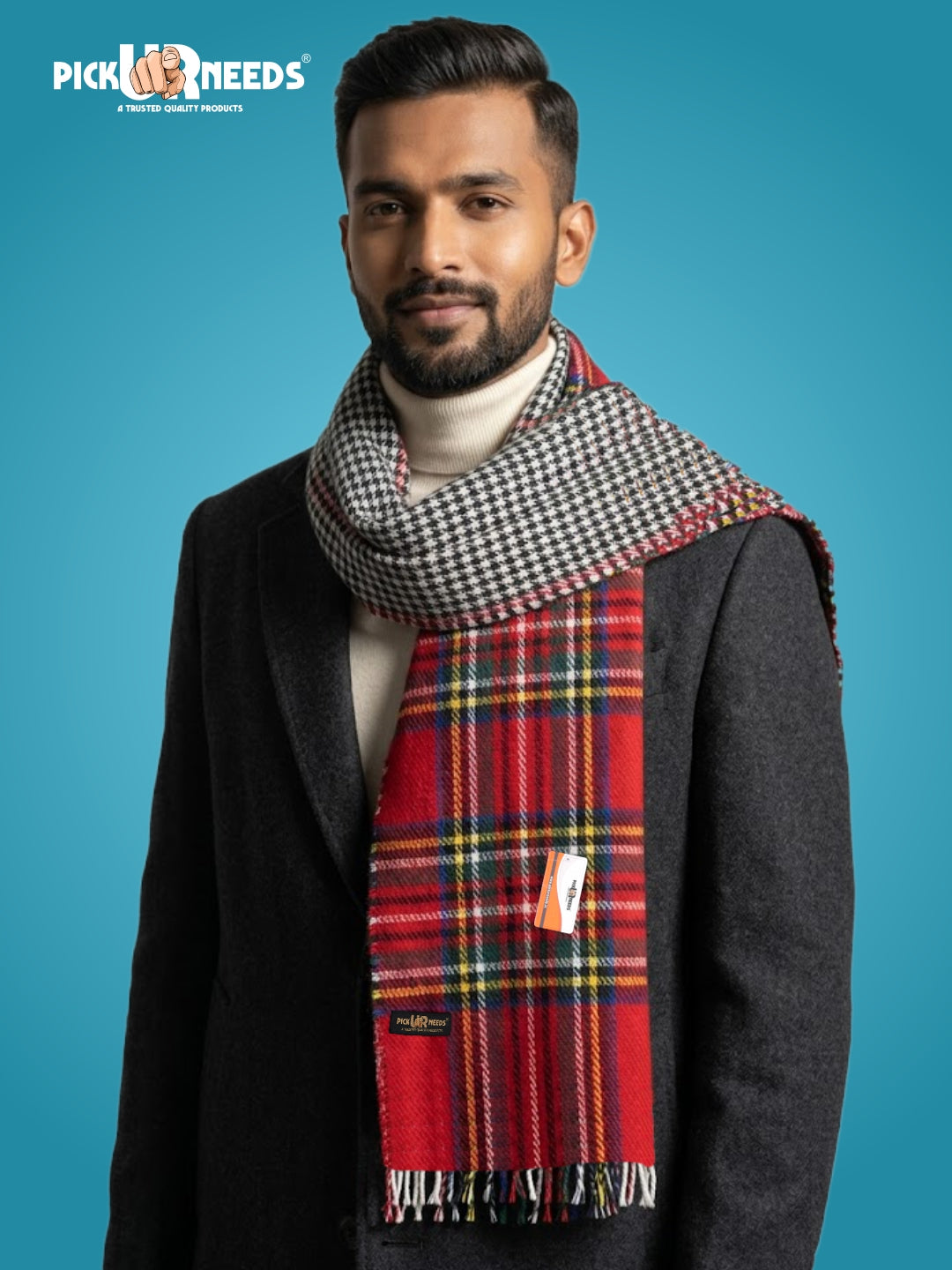 Pick Ur Needs Reversible Winter Muffler for Men Premium Soft Wool Blend Scarf Dual-Design Check & Houndstooth Pattern Warm & Stylish Winter Neck Wrap