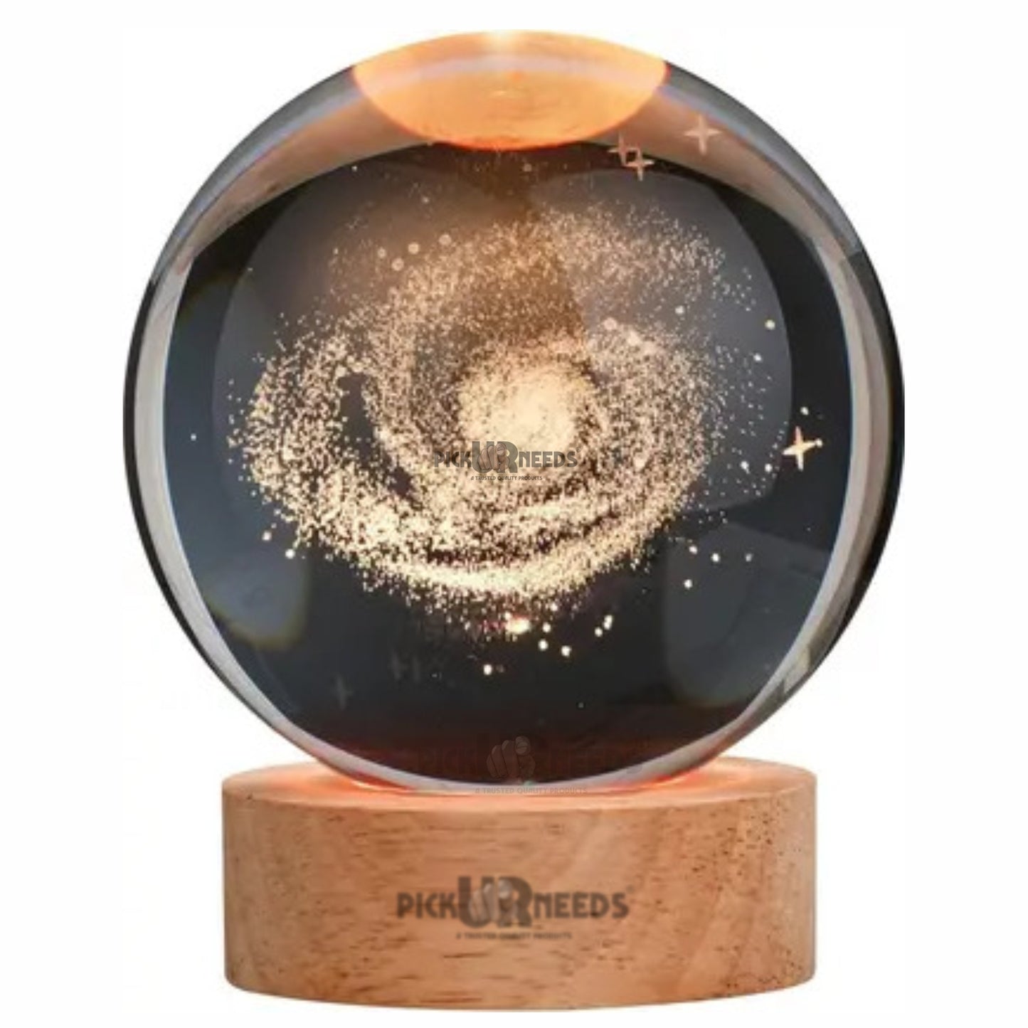 Pick Ur Needs 3D Galaxy Laxmi Ganesh Crystal Ball Night Light– Beech Wood Base– Decor for Home Night Lamp  (9.5 cm, Gold)