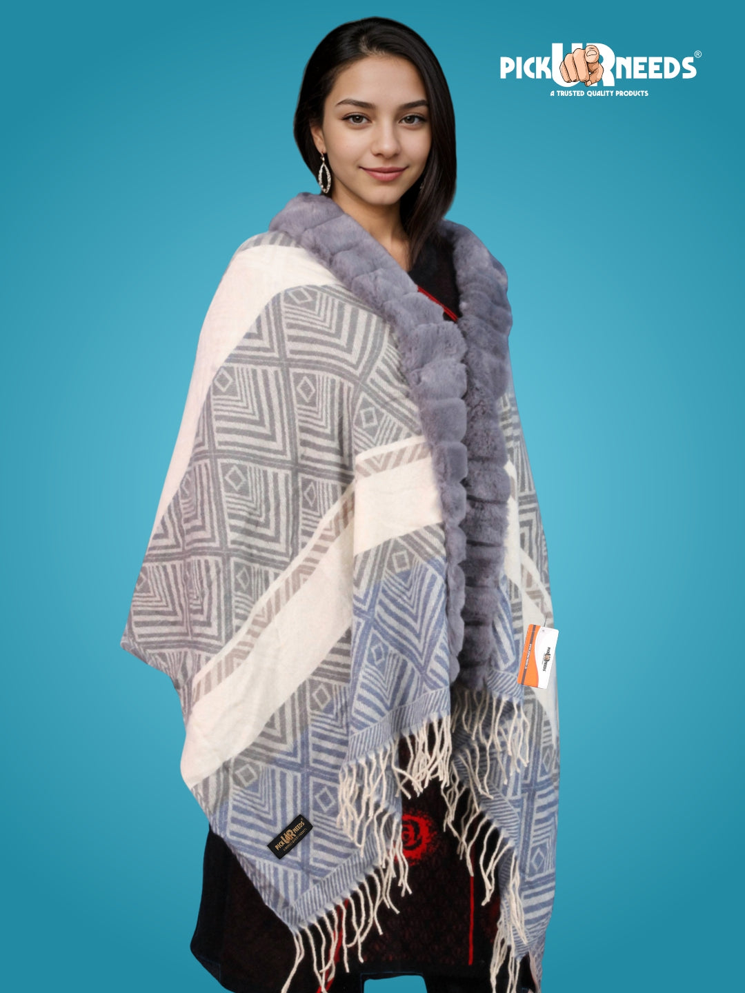 Pick Ur Needs Women's Winter Geometric Printed Faux Fur Border Shawl with Tassels  Soft Warm Wrap Stole for Casual, Party & Travel