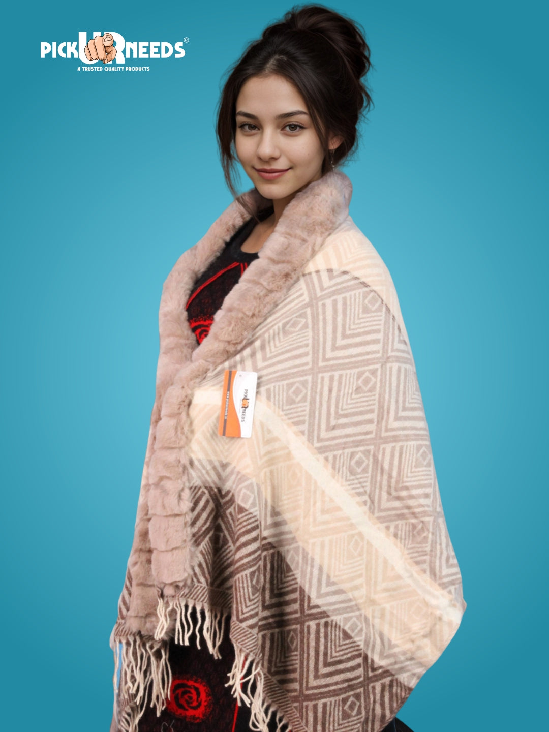 Pick Ur Needs Women's Winter Geometric Printed Faux Fur Border Shawl with Tassels  Soft Warm Wrap Stole for Casual, Party & Travel