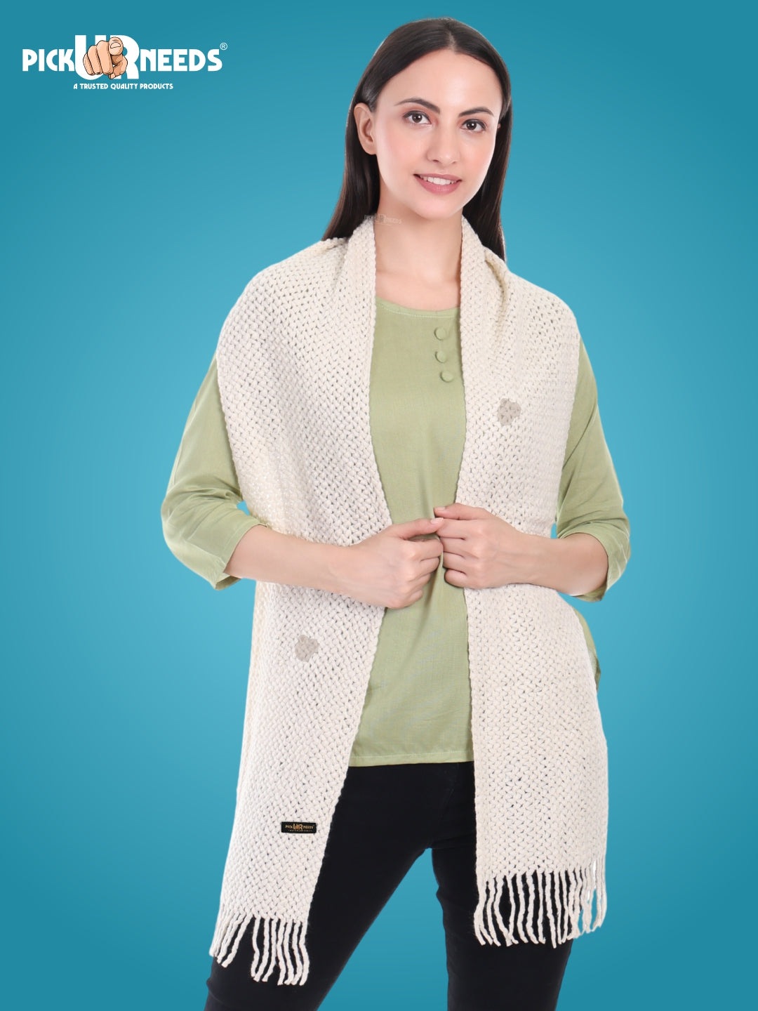 Pick Ur Needs Women's Chunky Knit Scarf  Soft, Warm & Breathable Winter Muffler  Unisex Solid Tan Textured Knit with Fringes