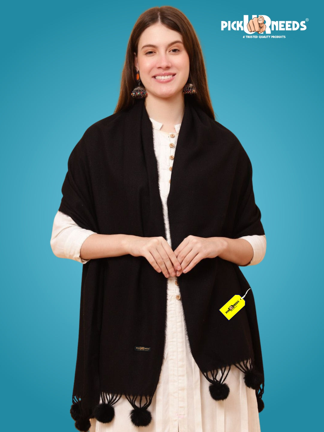 Pick Ur Needs Premium Women’s Wool Blend Scarf Soft Woolen Shawl Winter Stole with Tassels & Pom Poms