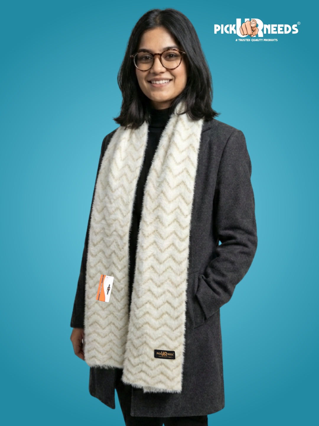 Pick Ur Needs Premium Woolen Winter Muffler with Gold Zigzag Pattern | Soft, Warm & Stylish Scarf for Women