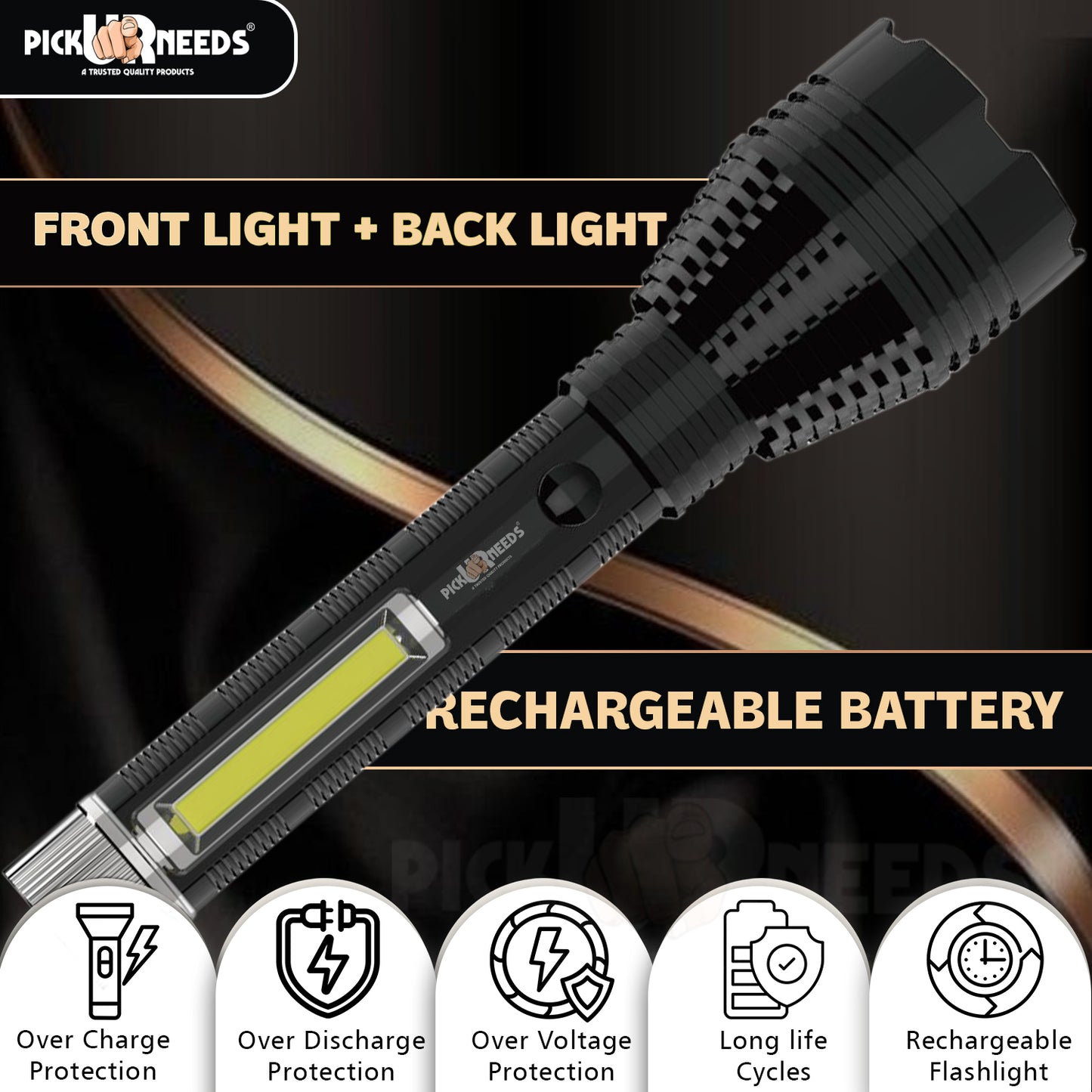 Pick Ur Needs Rechargeable 75W LED Torch Light With 3 Brightness Mode+C Type Charging+Side COB 4 hrs Torch Emergency Light