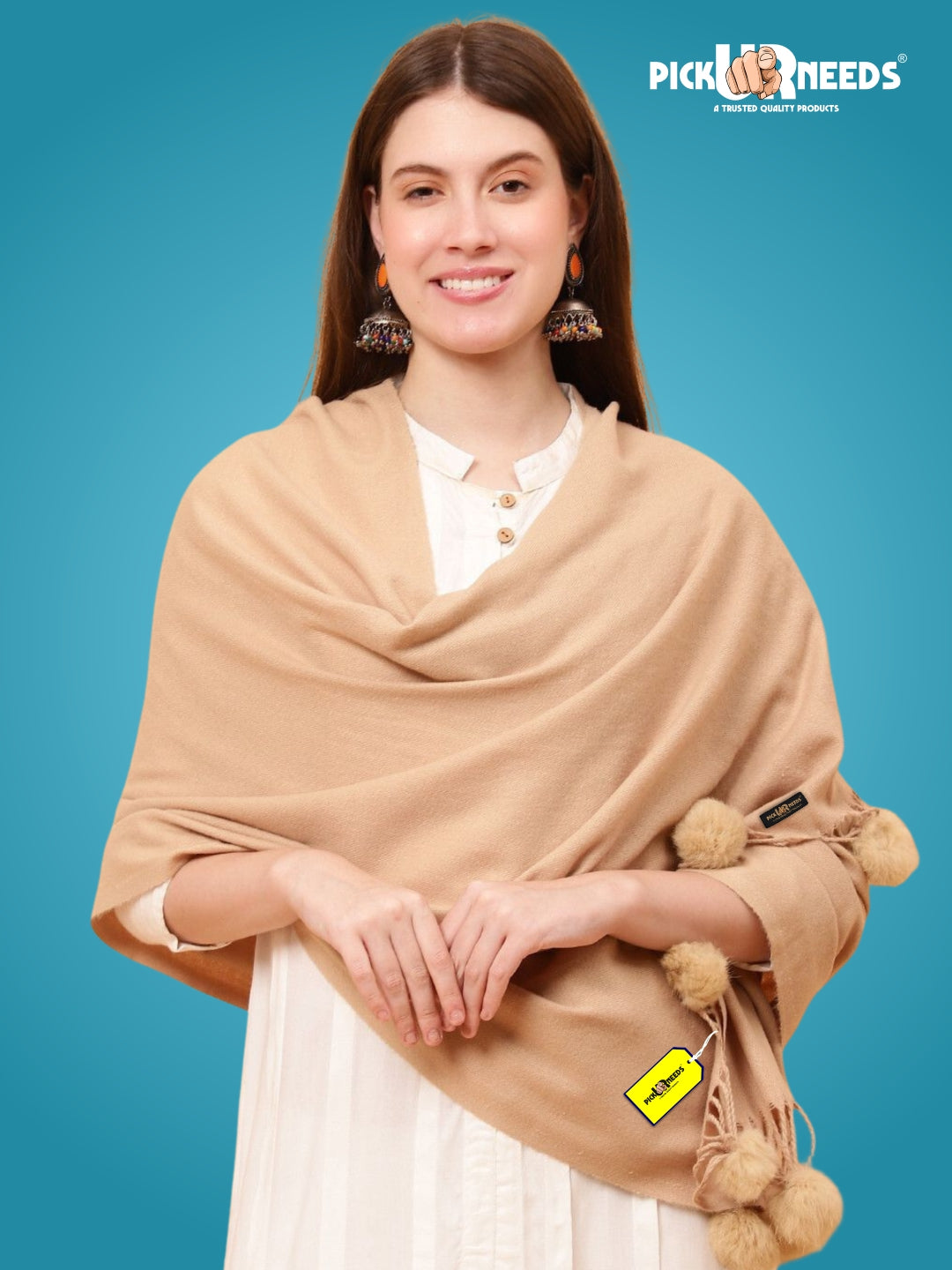 Pick Ur Needs Premium Women’s Wool Blend Scarf Soft Woolen Shawl Winter Stole with Tassels & Pom Poms