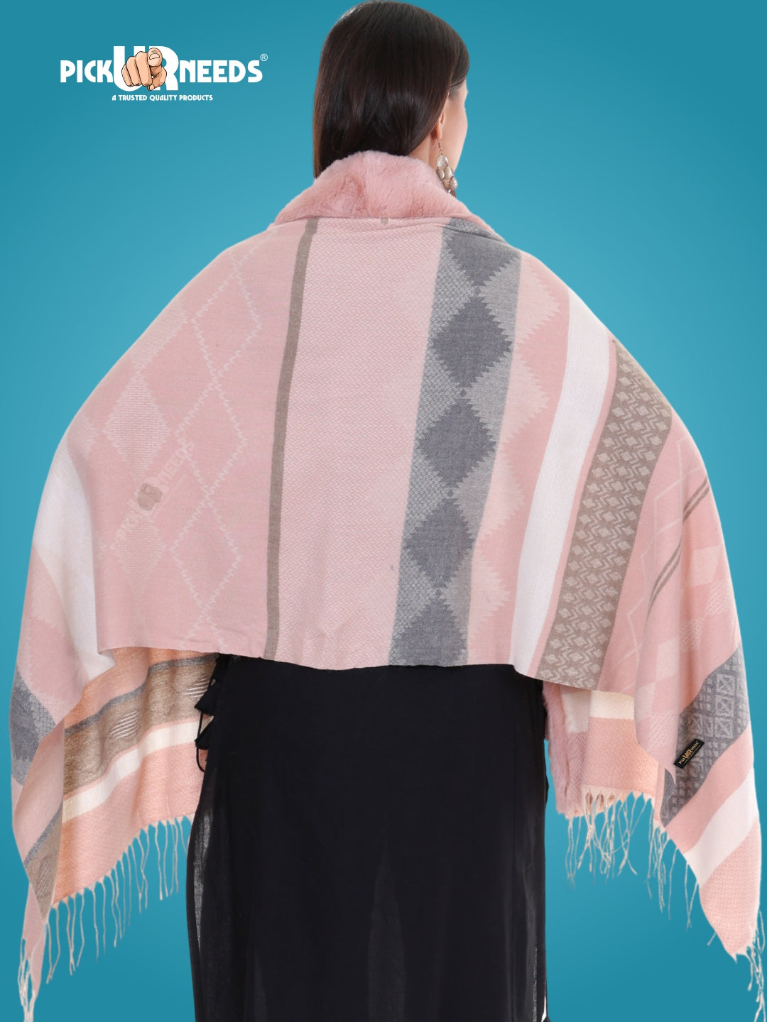 Pick Ur Needs Elegant Winter Soft & Warm Woolen Shawl with Faux Fur Border Multi Color Pattern Scarf