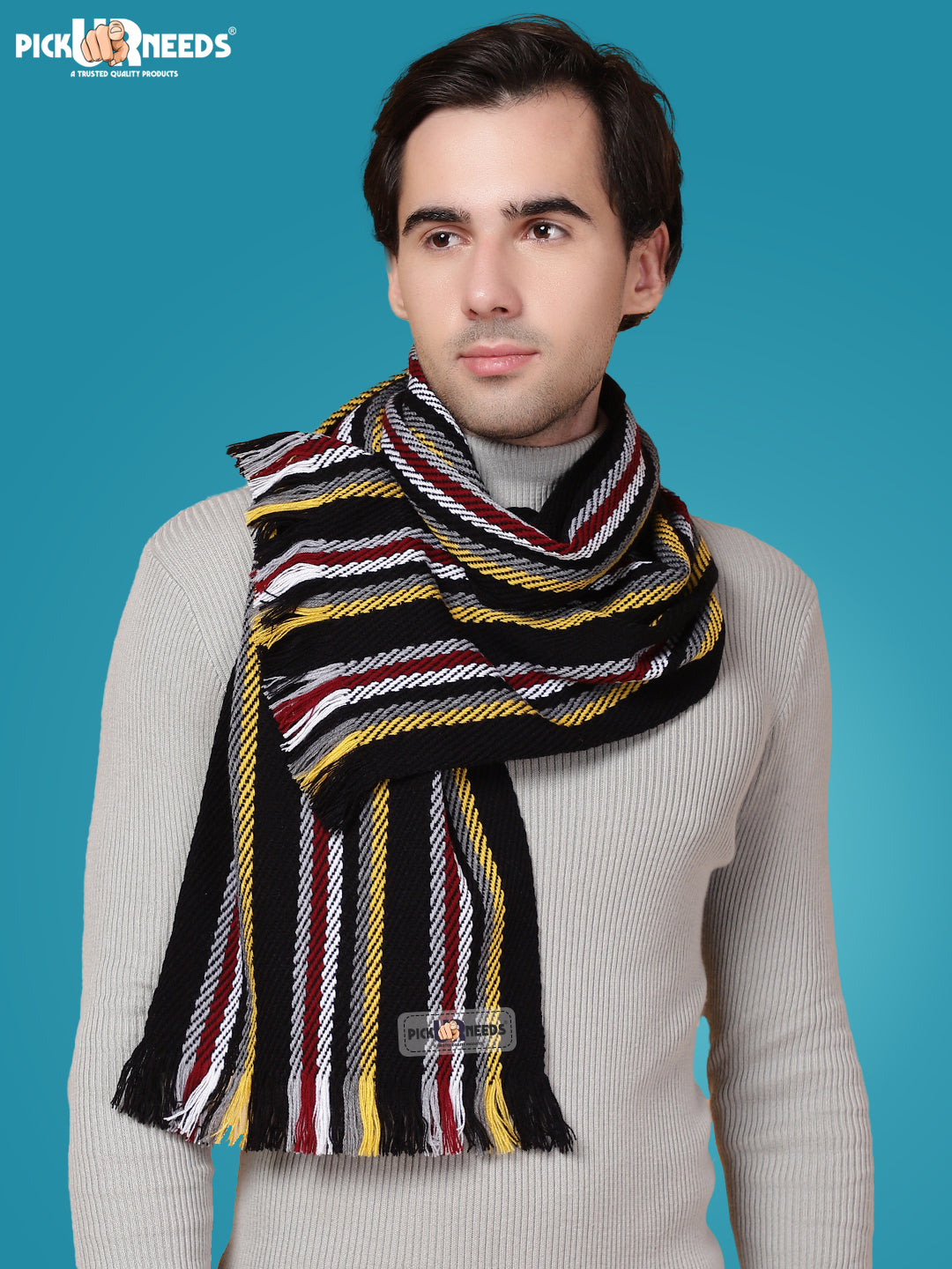 Pick Ur Needs Premium Men's Warm And Stylish Woolen Muffler With Multicolour Stripes And Stylish Tussles Ends