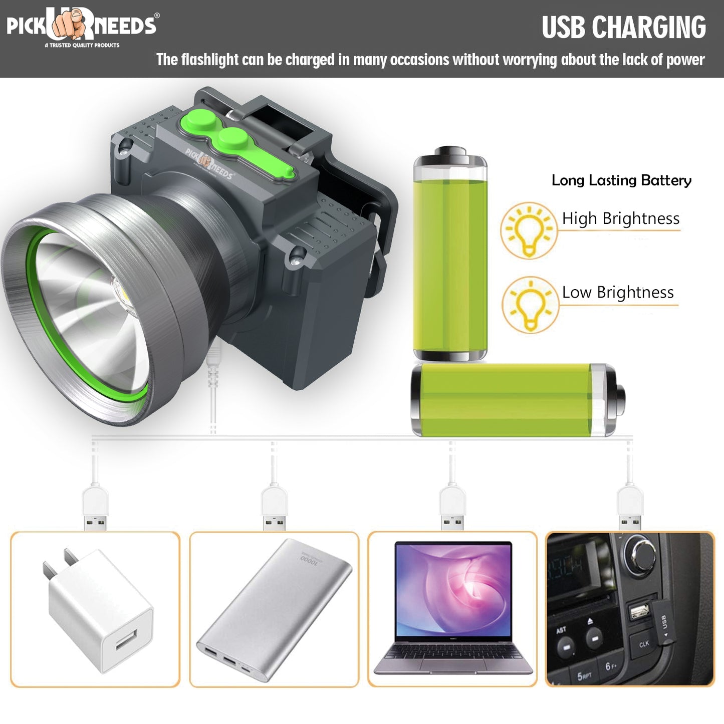Pick Ur Needs Rechargeable Head Lamp With 3 Mode LED Almunium Body 150W Laser 2400 mAh Battery 3 hrs Torch Emergency Light