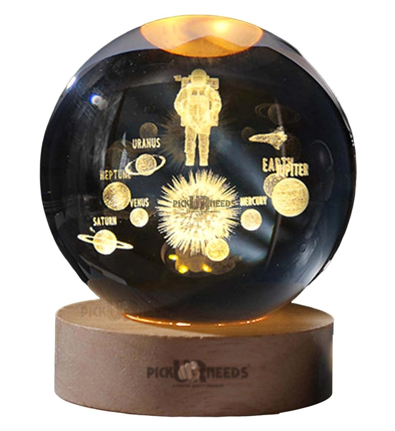 Pick Ur Needs 3D Galaxy Laxmi Ganesh Crystal Ball Night Light– Beech Wood Base– Decor for Home Night Lamp  (9.5 cm, Gold)