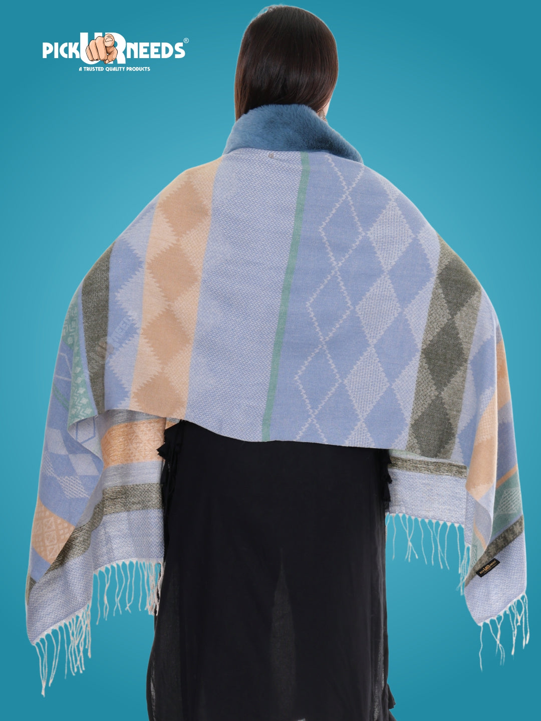 Pick Ur Needs Elegant Winter Soft & Warm Woolen Shawl with Faux Fur Border Multi Color Pattern Scarf