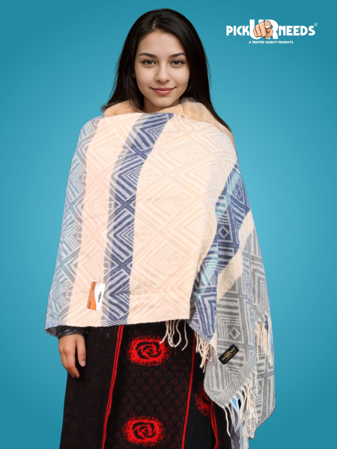 Pick Ur Needs Women's Winter Geometric Printed Faux Fur Border Shawl with Tassels  Soft Warm Wrap Stole for Casual, Party & Travel
