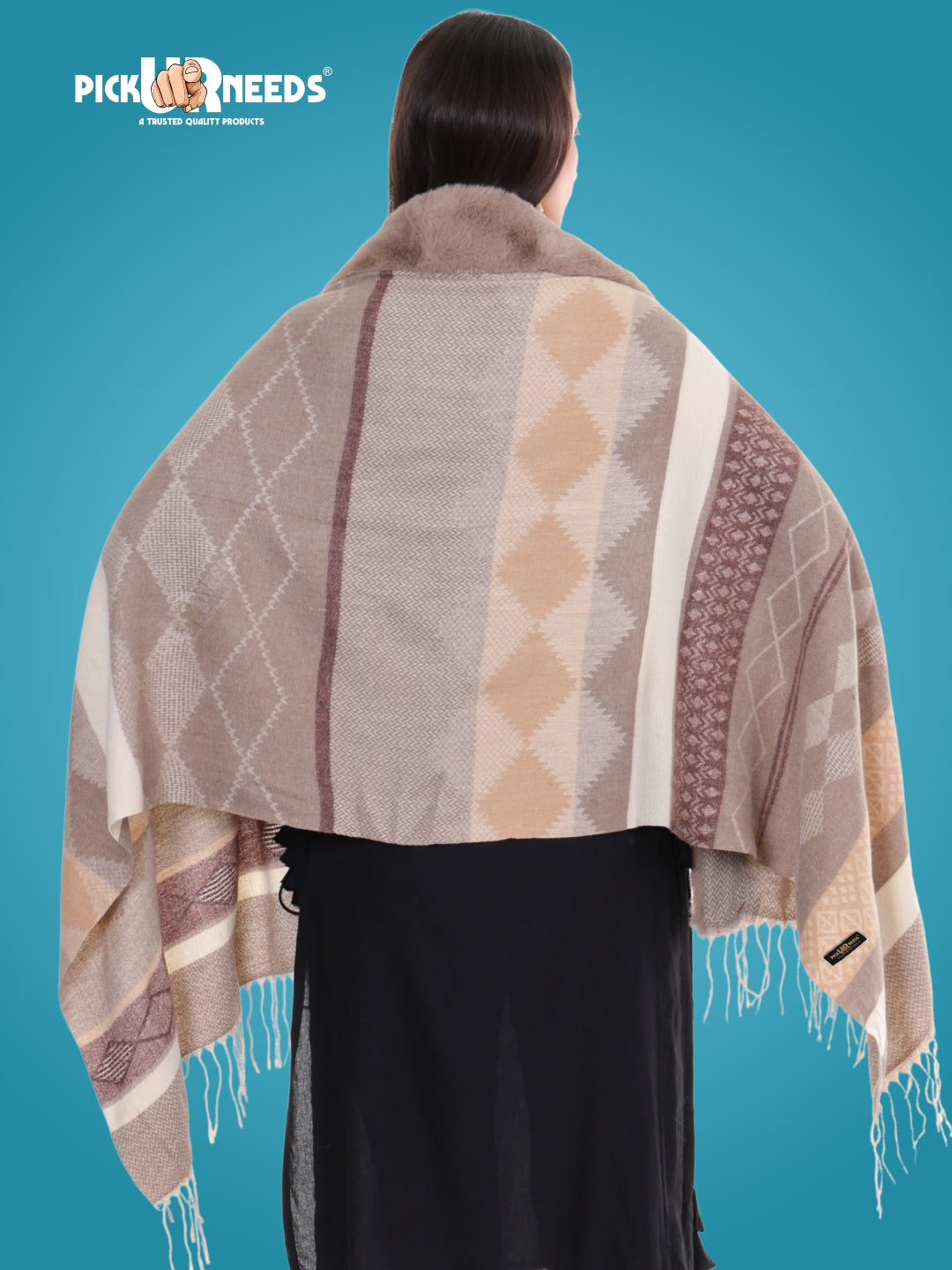 Pick Ur Needs Elegant Winter Soft & Warm Woolen Shawl with Faux Fur Border Multi Color Pattern Scarf