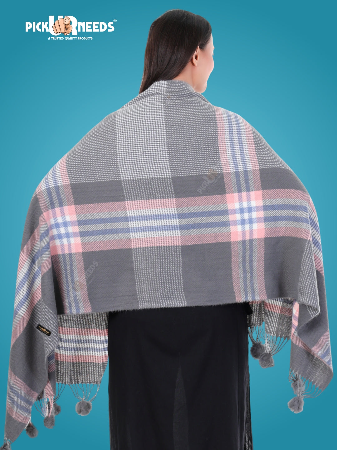 Pick Ur Needs Women's Soft Plaid Shawl Wrap Scarf with Pom Poms Warm Blanket Stole Fashionable Winter Gift for Ladies