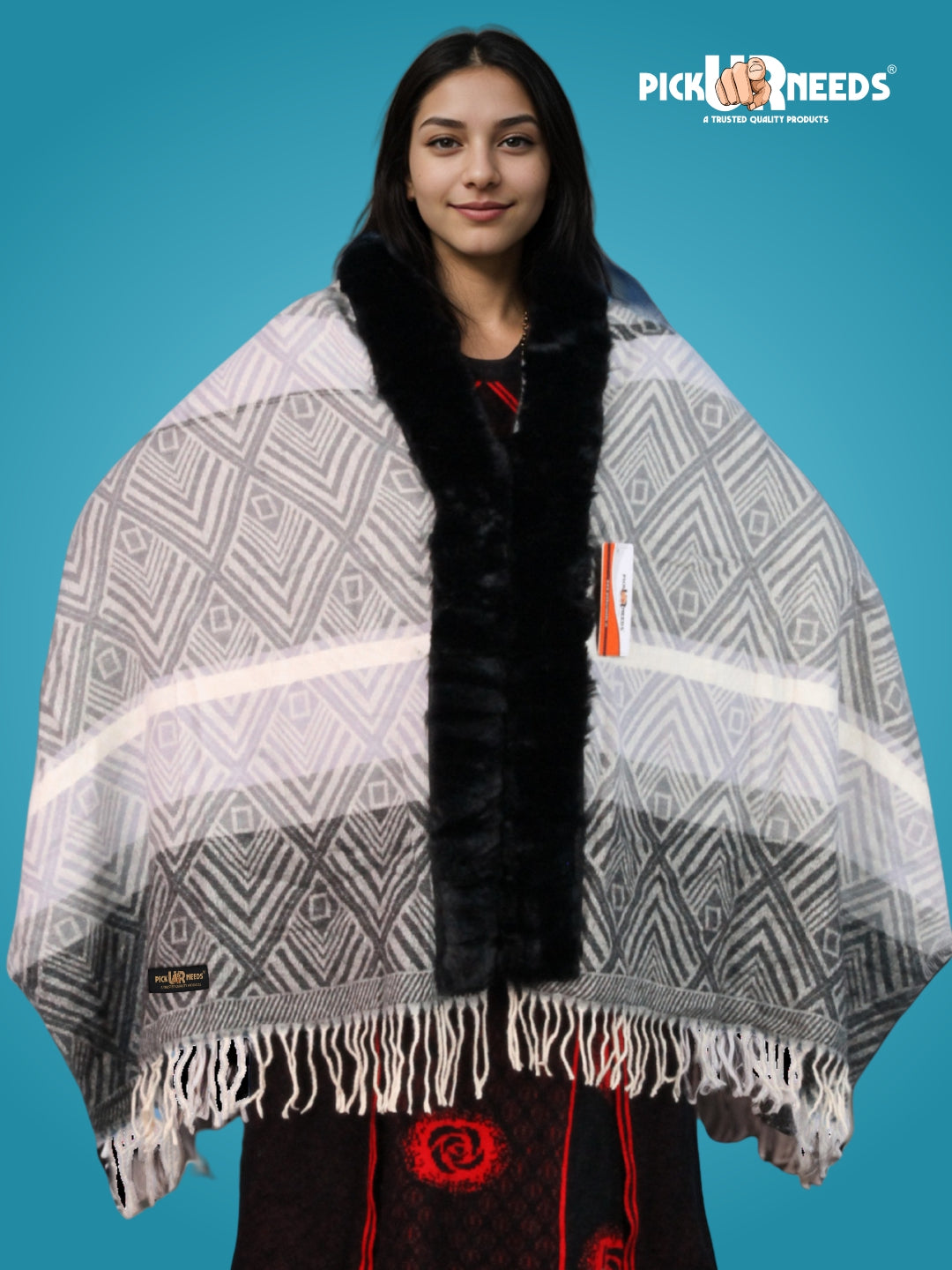 Pick Ur Needs Women's Winter Geometric Printed Faux Fur Border Shawl with Tassels  Soft Warm Wrap Stole for Casual, Party & Travel