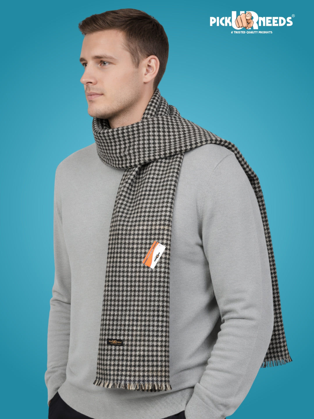 Pick Ur Needs Reversible Winter Muffler for Men Premium Soft Wool Blend Scarf Dual-Design Check & Houndstooth Pattern Warm & Stylish Winter Neck Wrap
