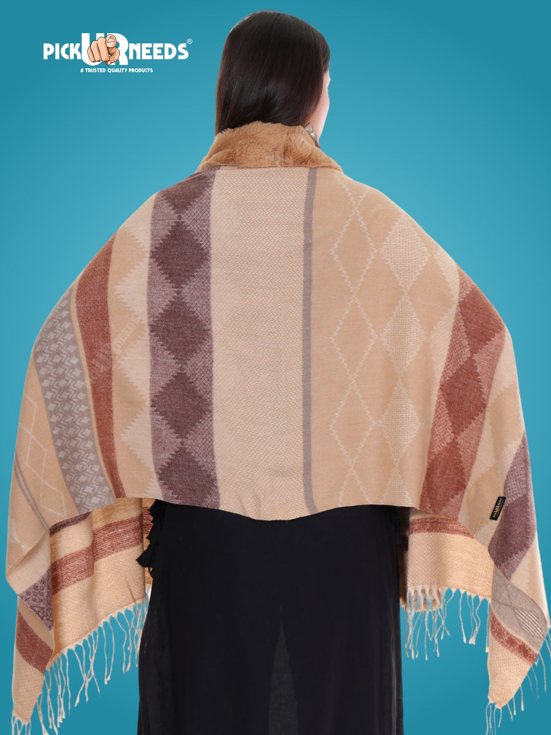 Pick Ur Needs Elegant Winter Soft & Warm Woolen Shawl with Faux Fur Border Multi Color Pattern Scarf