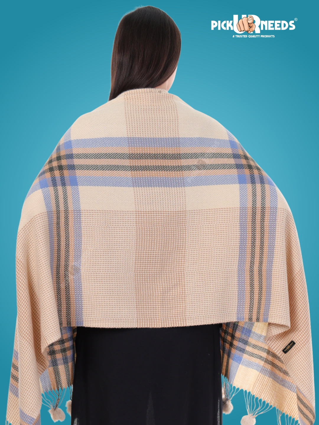 Pick Ur Needs Women's Soft Plaid Shawl Wrap Scarf with Pom Poms Warm Blanket Stole Fashionable Winter Gift for Ladies