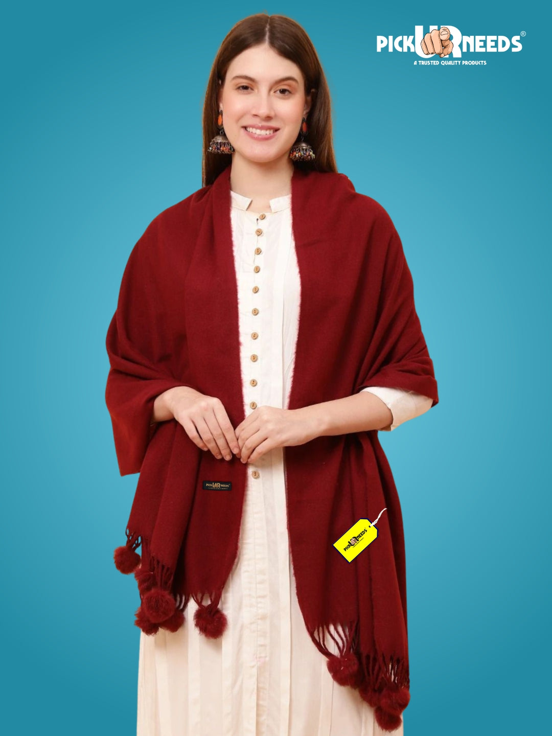 Pick Ur Needs Premium Women’s Wool Blend Scarf Soft Woolen Shawl Winter Stole with Tassels & Pom Poms
