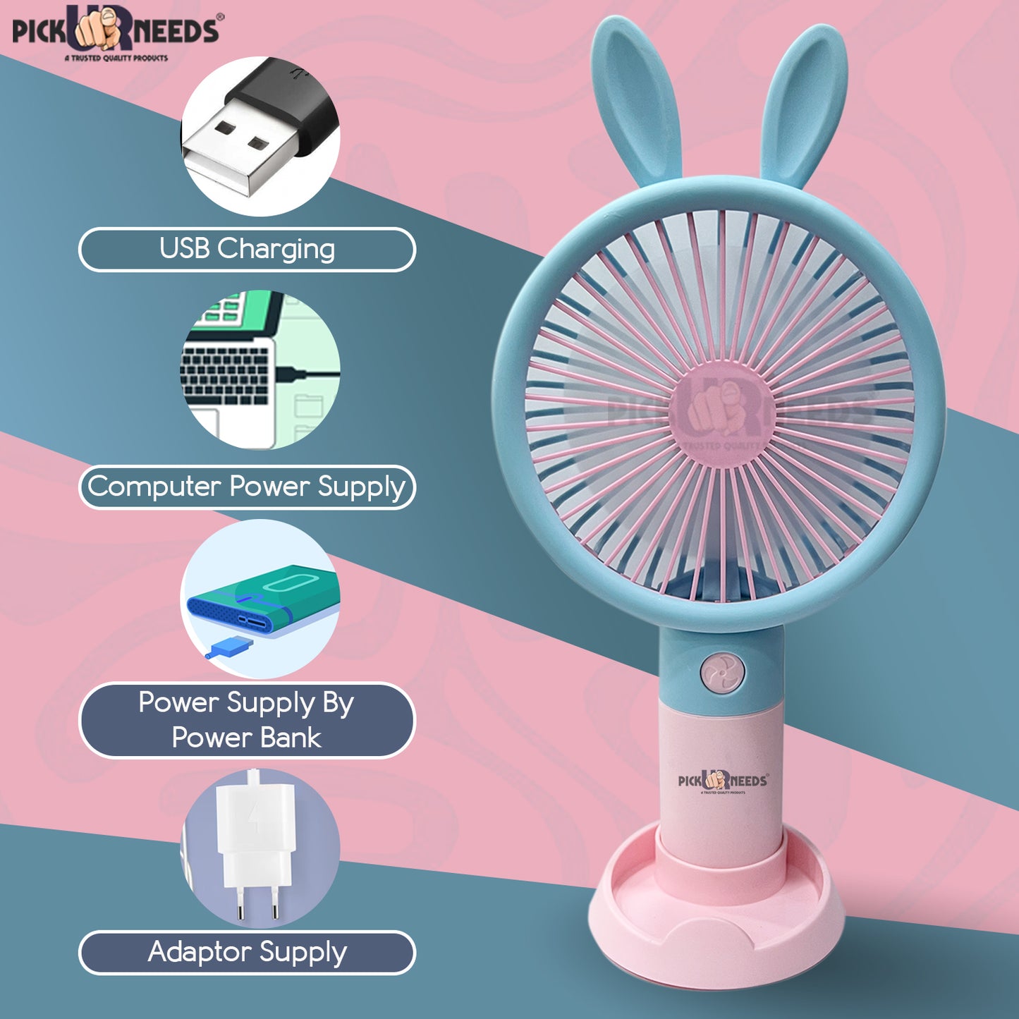 Pick Ur Needs Mini Handheld Rechargeable Portable Fan Small Cartoon Design USB Charging 5 Blade Portable Table Fan
