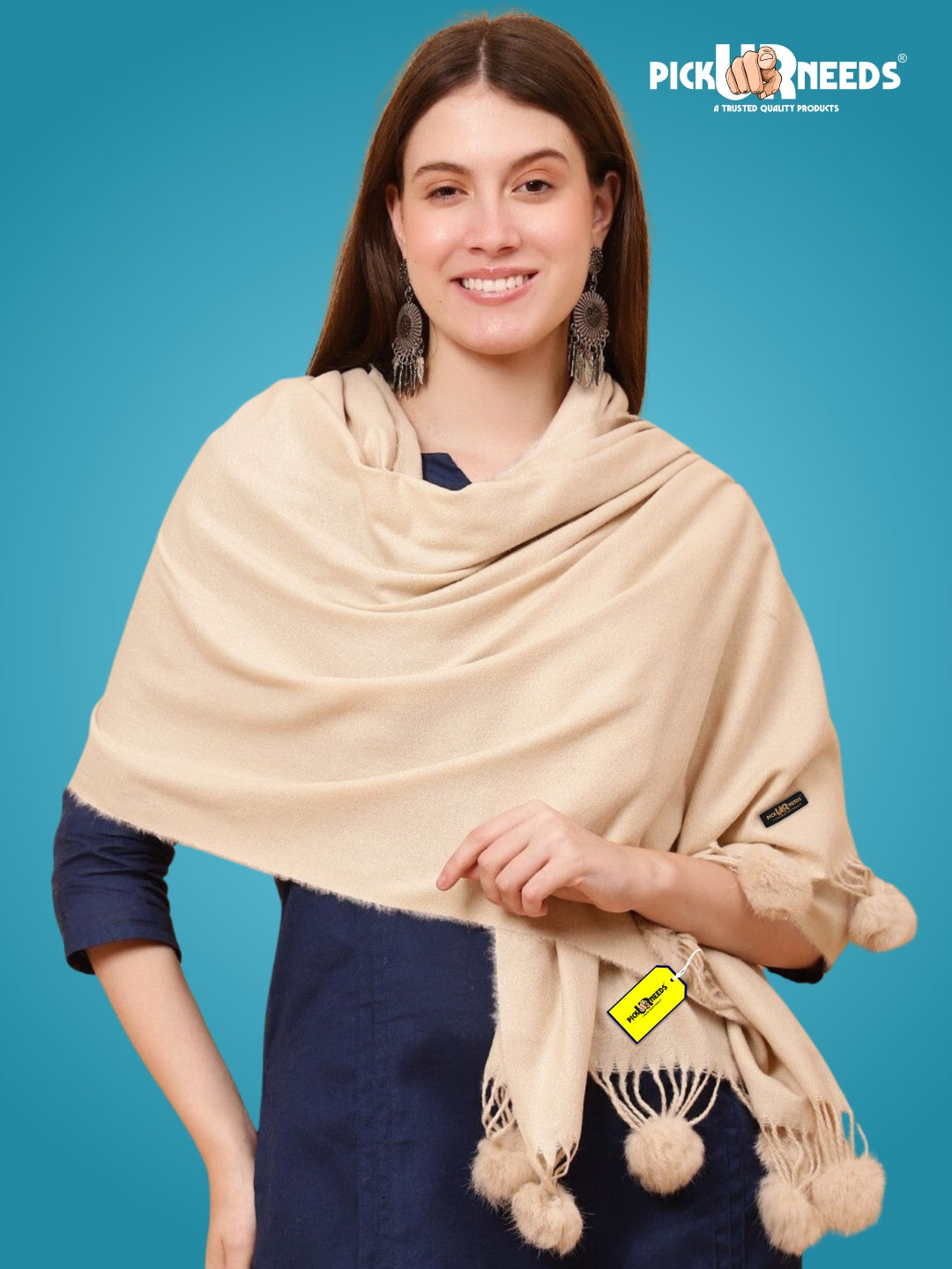 Pick Ur Needs Premium Women’s Wool Blend Scarf Soft Woolen Shawl Winter Stole with Tassels & Pom Poms
