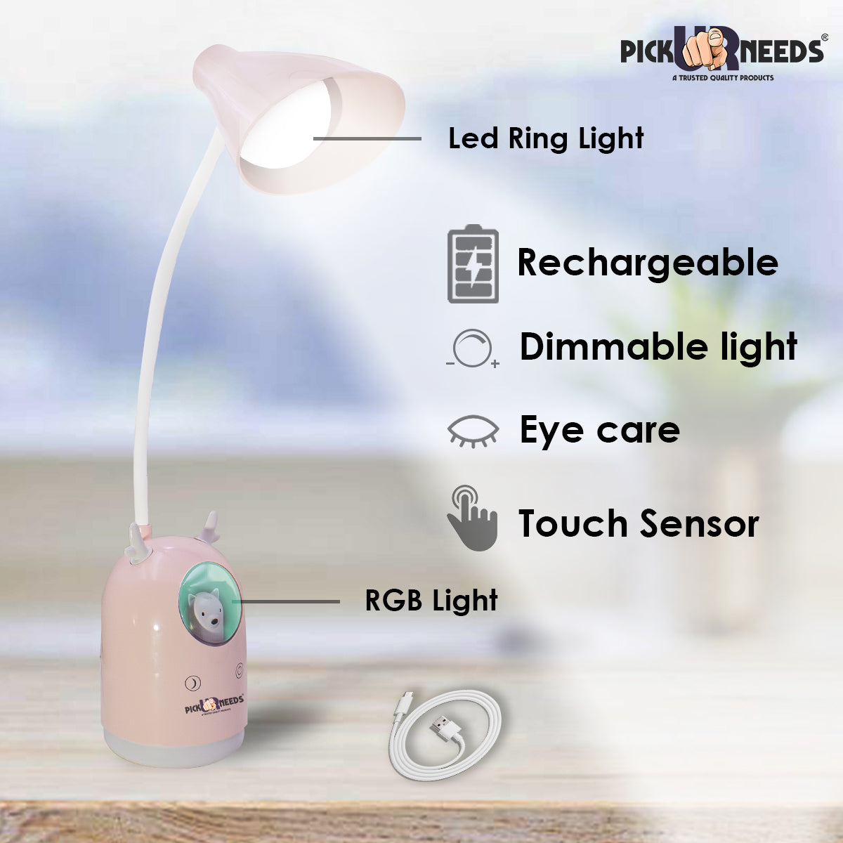Pick Ur Needs Cute Bear Rechargeable LED Desk Lamp with Touch Switch & Flexible Gooseneck Eye-Caring 3 Lighting Mode (White/Pink)(Color As Per Availability) Study Lamp  (21 cm, Light Green)