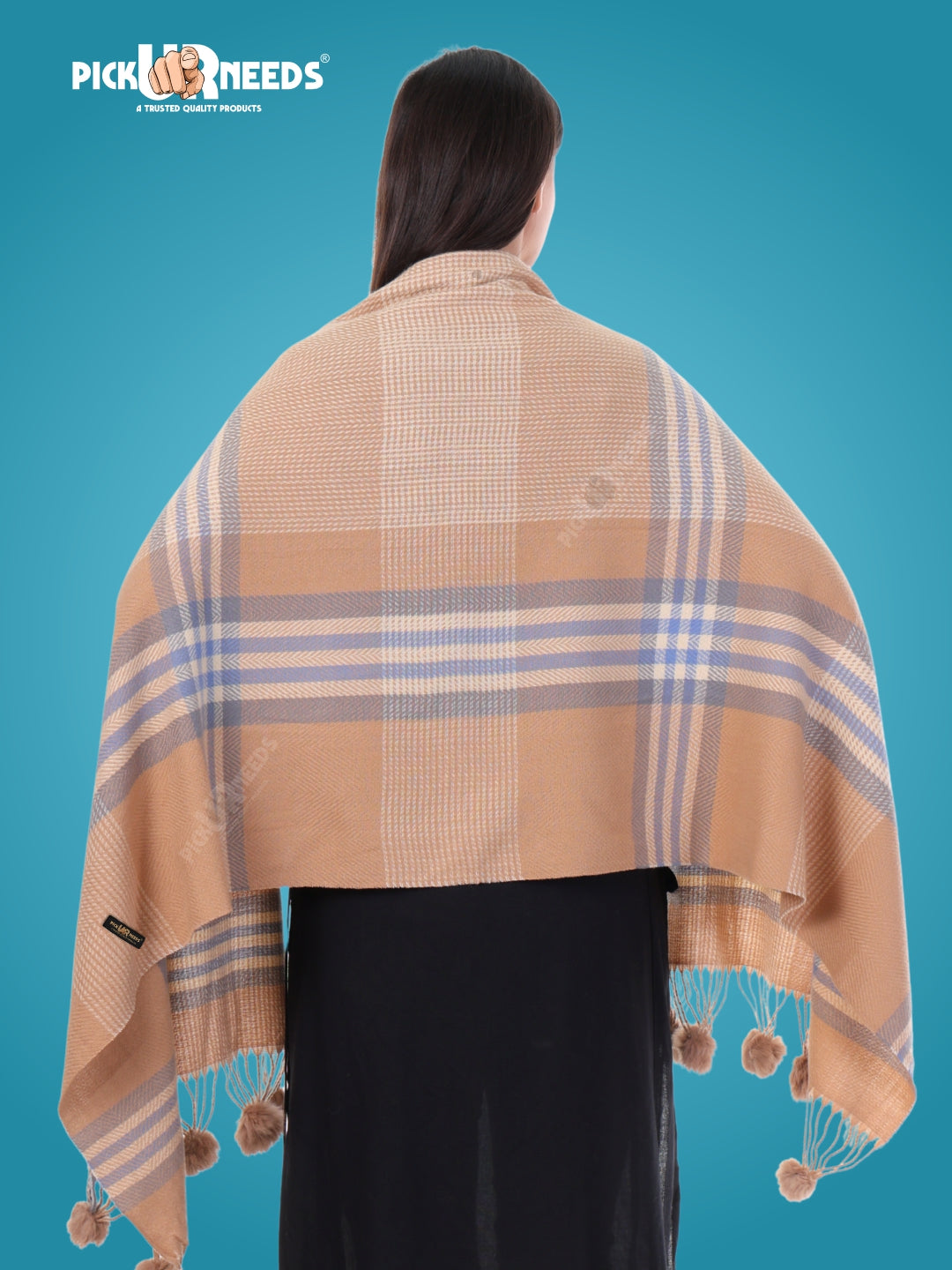 Pick Ur Needs Women's Soft Plaid Shawl Wrap Scarf with Pom Poms Warm Blanket Stole Fashionable Winter Gift for Ladies