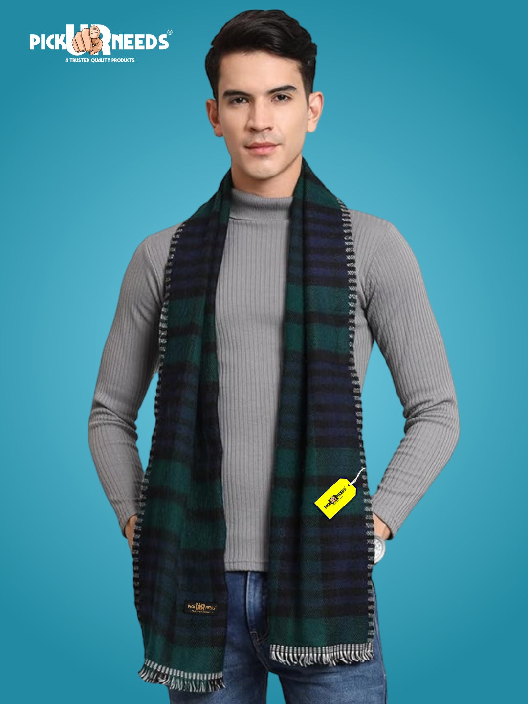 Pick Ur Needs Reversible Winter Muffler for Men Premium Soft Wool Blend Scarf Dual-Design Check & Houndstooth Pattern Warm & Stylish Winter Neck Wrap
