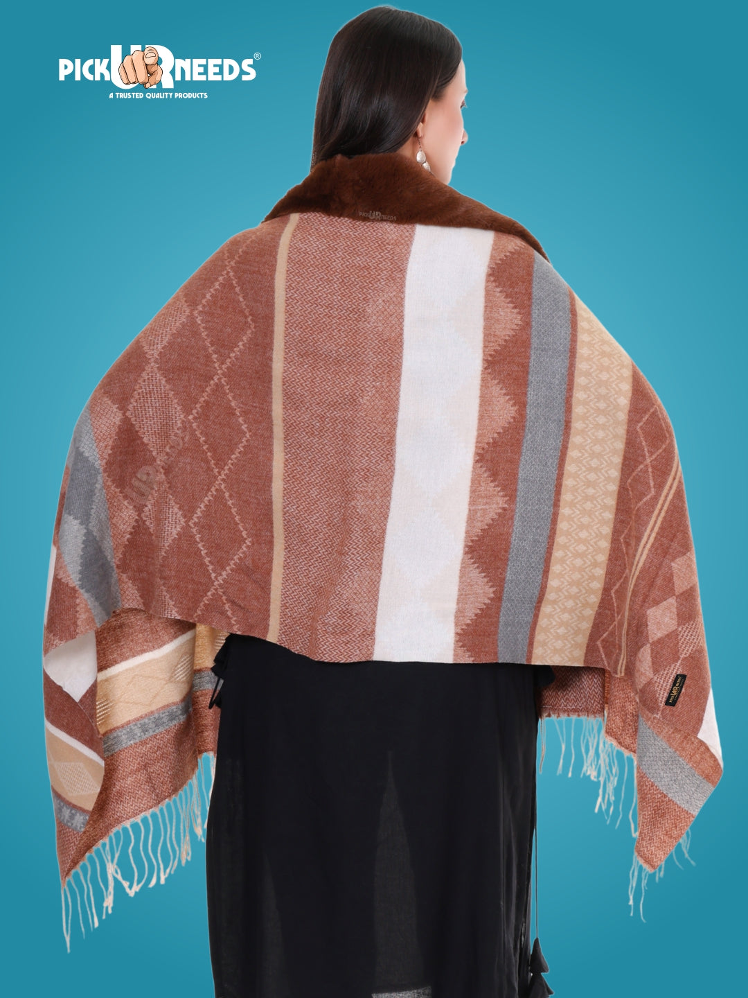 Pick Ur Needs Elegant Winter Soft & Warm Woolen Shawl with Faux Fur Border Multi Color Pattern Scarf
