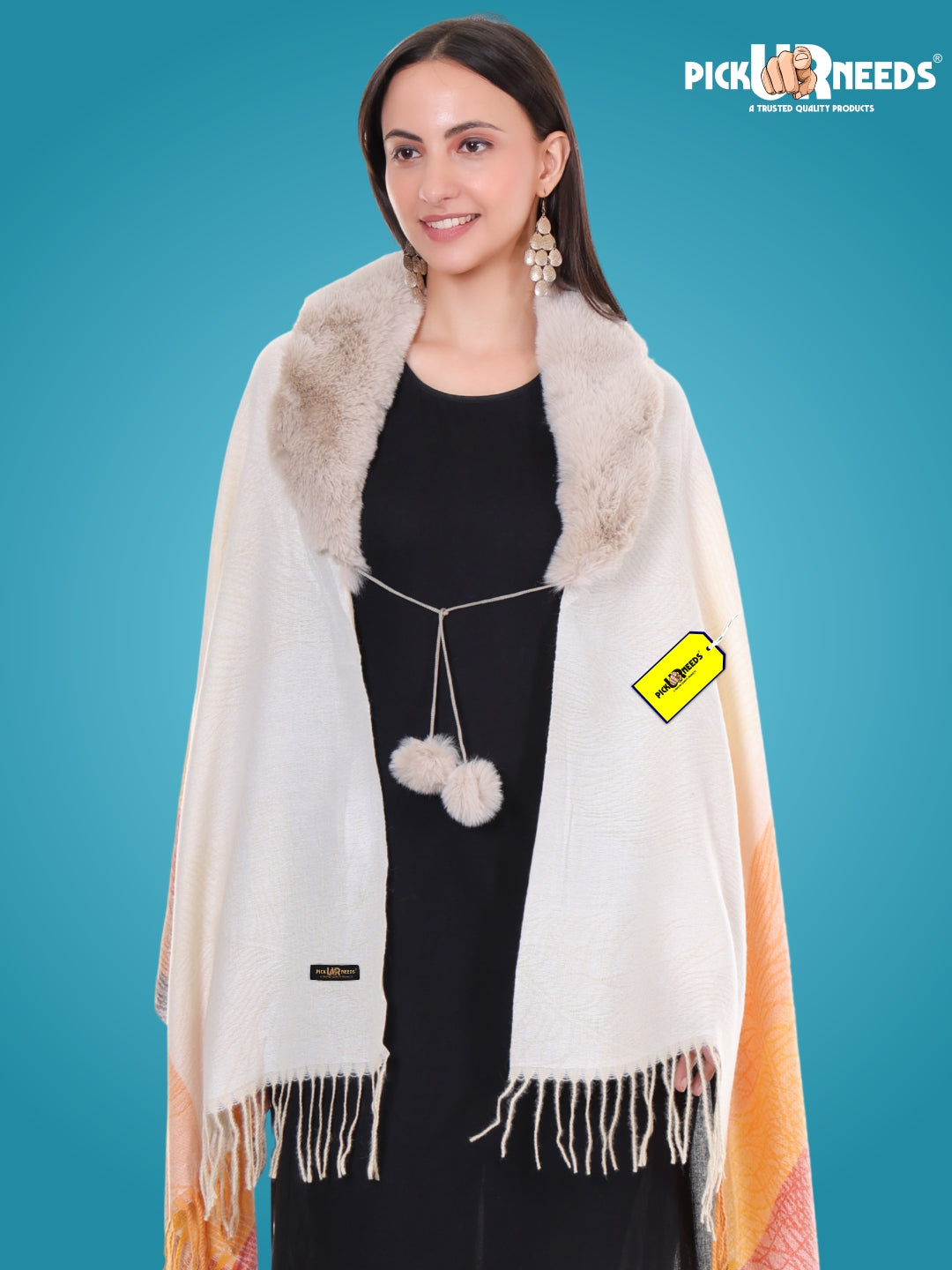 Pick Ur Needs Women’s Winter Shawl  Soft Woolen Stole with Faux Fur Collar  Elegant Poncho Shrug Wrap for Winter Warm Designer Scarf for Ladies