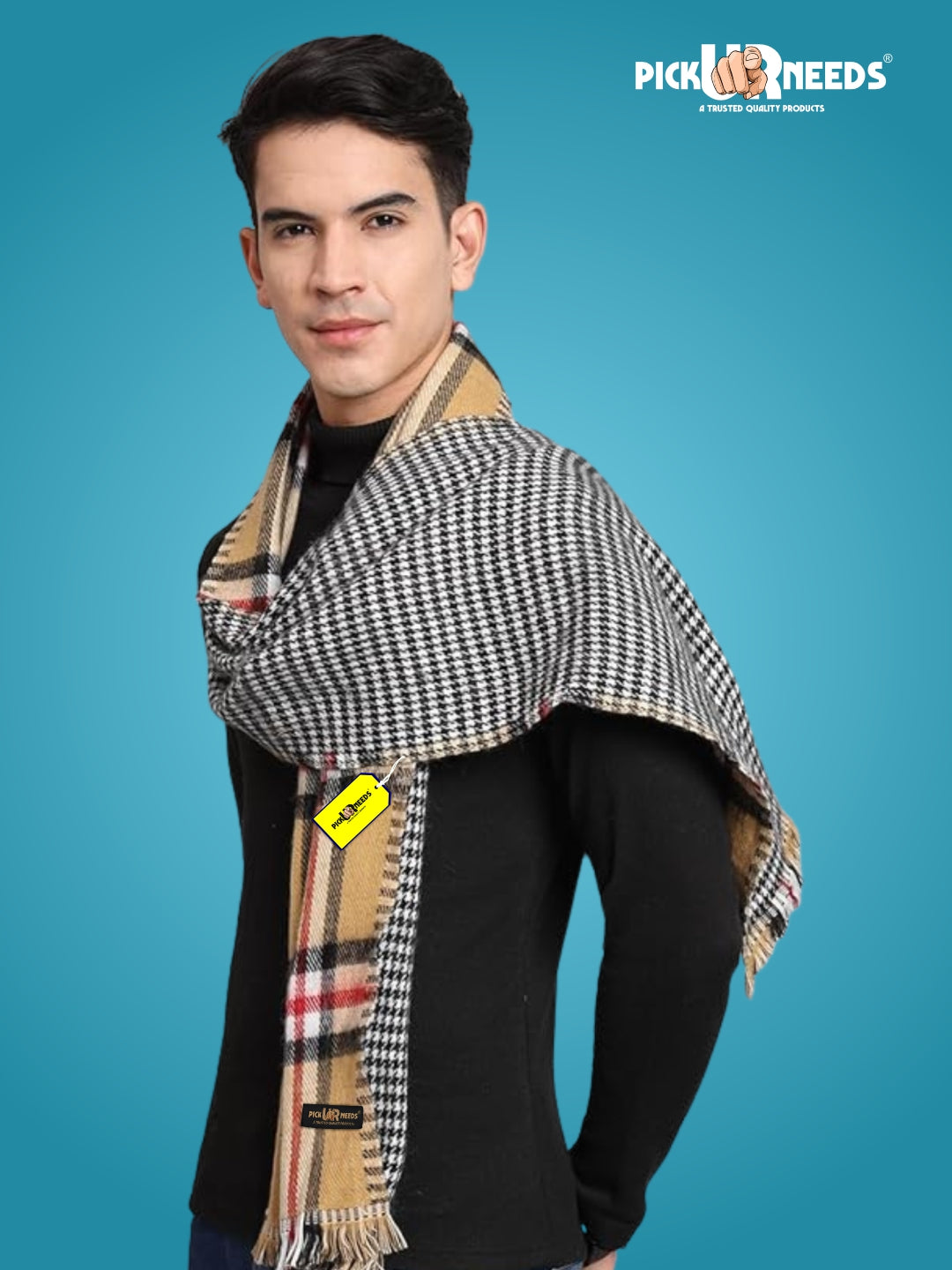 Pick Ur Needs Reversible Winter Muffler for Men Premium Soft Wool Blend Scarf Dual-Design Check & Houndstooth Pattern Warm & Stylish Winter Neck Wrap