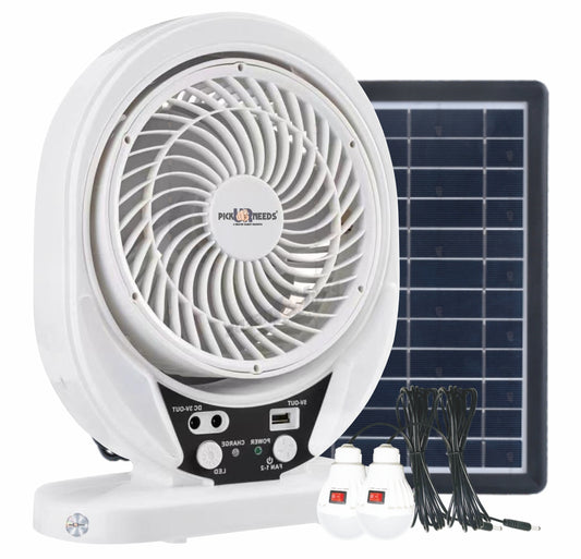 Pick Ur Needs Portable Solar Rechargeble Mini Desk Fan with 2 LED Light Bulb & Solar Panel 4500mAh Battery