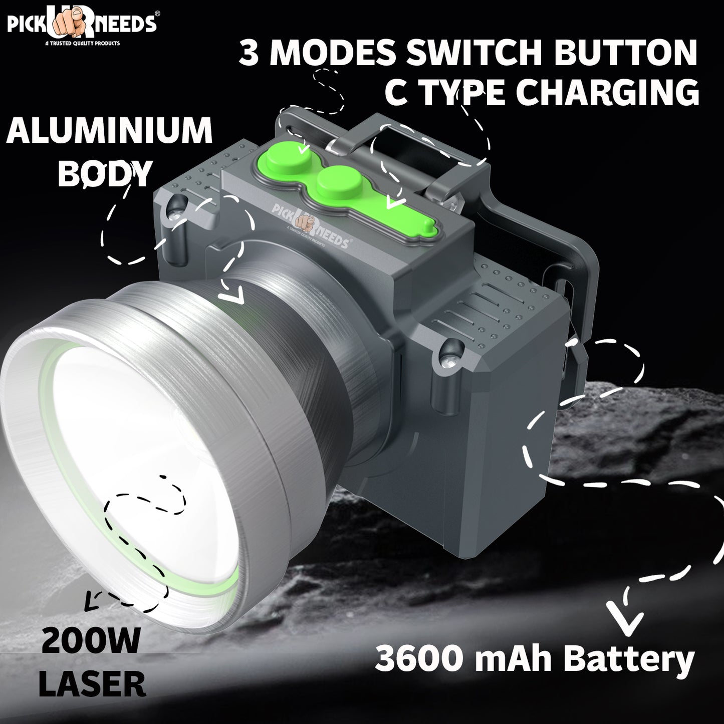 Pick Ur Needs Chargeable Head Lamp With 3 Type LED Metal Body 200W Laser 3600 mAh Long Battery 5 hrs Torch Emergency Light