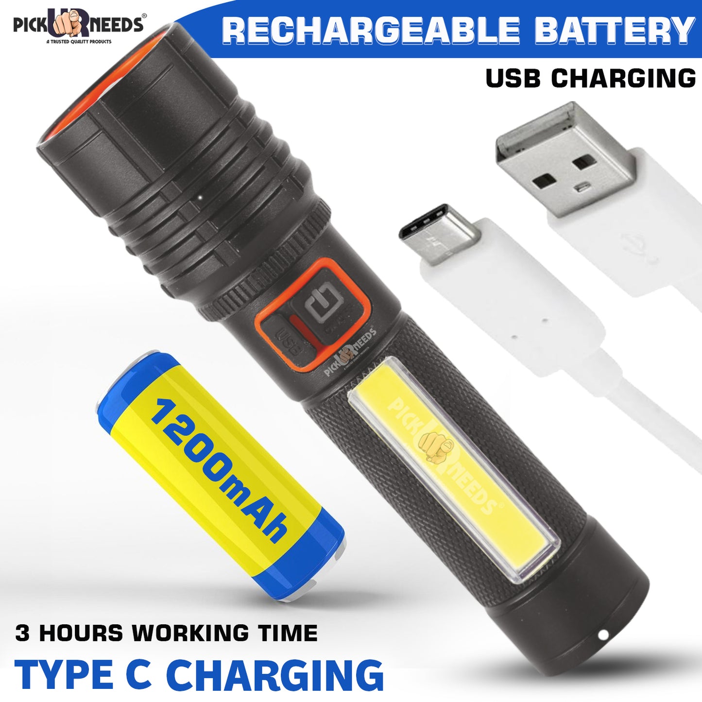 Pick Ur Needs Rechargeable 100W Small Search Metal Torch+ COB 3 Brightness Mode LED Light 3 hrs Torch Emergency Light