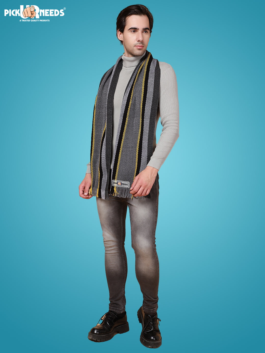 Pick Ur Needs Premium Men's Warm And Stylish Woolen Muffler With Multicolour Stripes And Stylish Tussles Ends