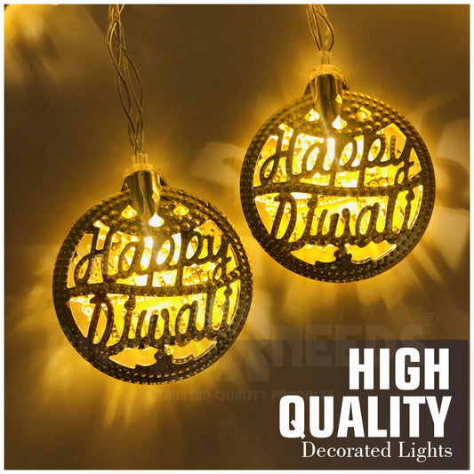 Pick Ur Needs Diwali String Lights Happy Diwali Metal Hanging Lights, Warm White Round 3D Ceiling Lamp