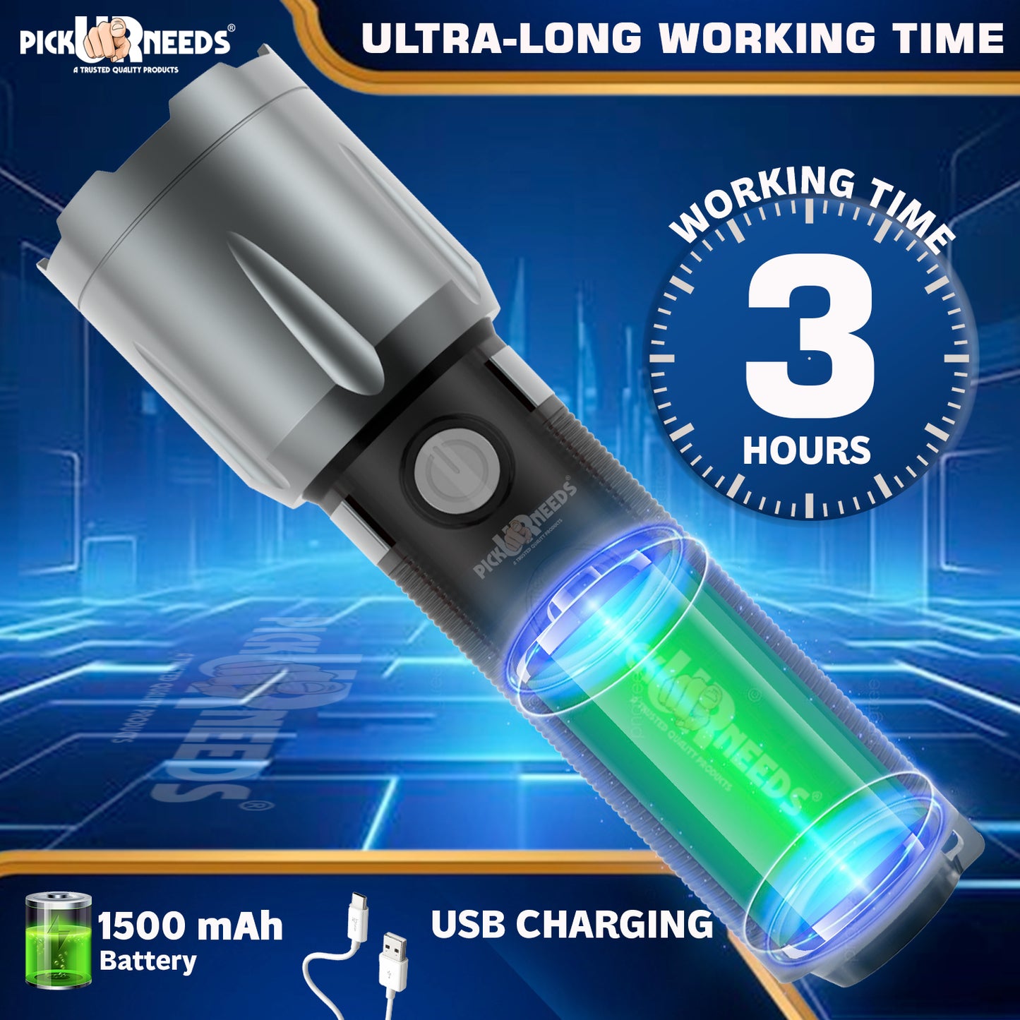 Pick Ur Needs 100W Rechargeable Zoomable Mini Pocket Torch With 3 Mode Light+Side RWB COB 3 hrs Torch Emergency Light (Black)