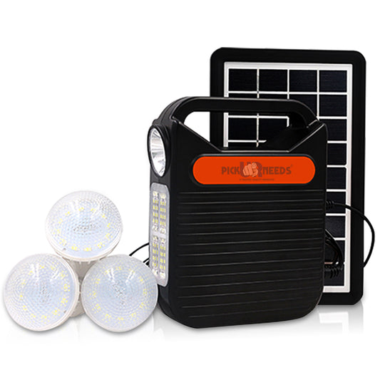 Pick Ur Needs LED Emergency Portable Inverter with 3 Individual 6 Volt LED Hanging Bulbs with 3.75 m Long Wire and AC/DC USB Socket with USB Wire for Mobile Charging with Solar Panel 5 hrs Torch Emergency Light