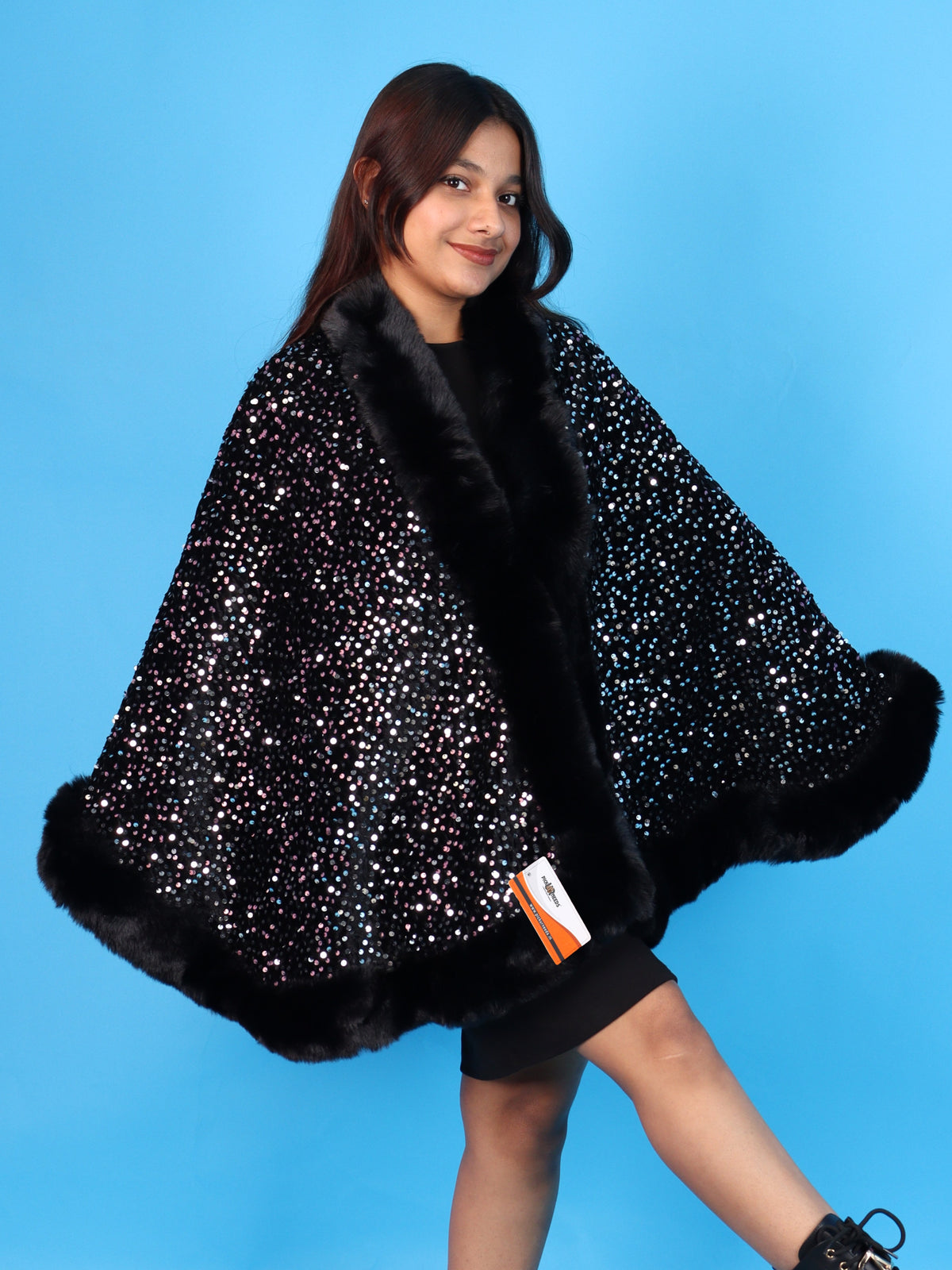 Pick Ur Needs Luxury Shrug for Women Sequin Outerwear with Soft Fur Collar Shawl Evening Wrap Poncho