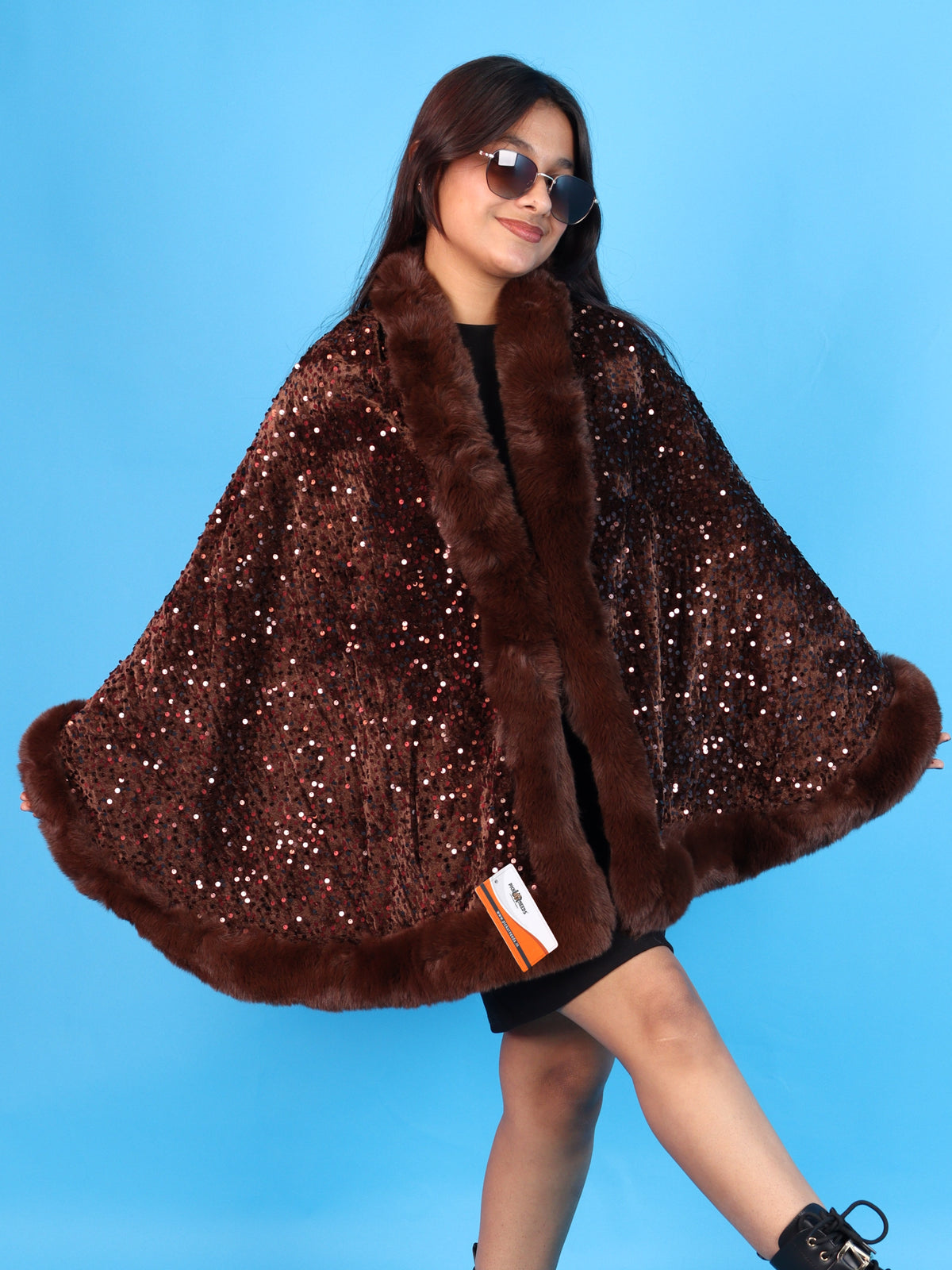 Pick Ur Needs Luxury Shrug for Women Sequin Outerwear with Soft Fur Collar Shawl Evening Wrap Poncho