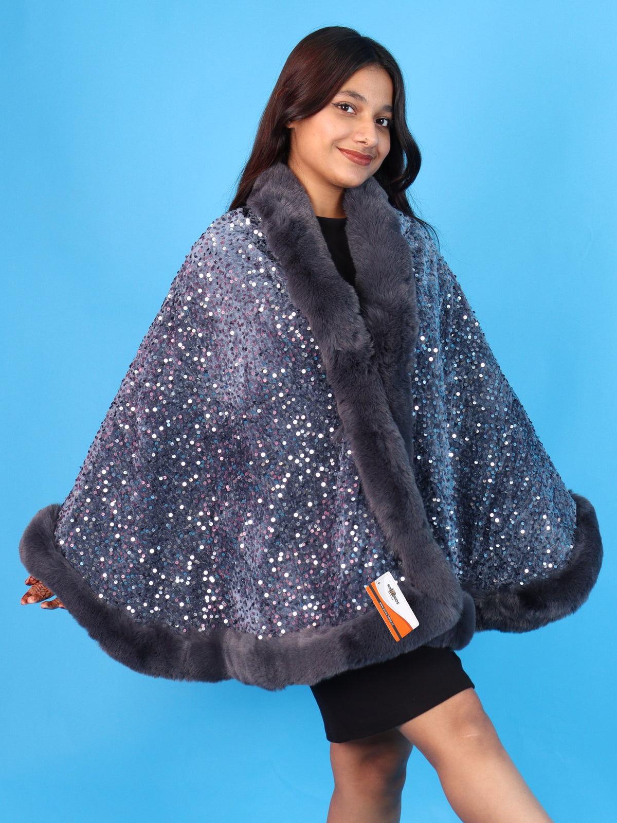 Pick Ur Needs Luxury Shrug for Women Sequin Outerwear with Soft Fur Collar Shawl Evening Wrap Poncho